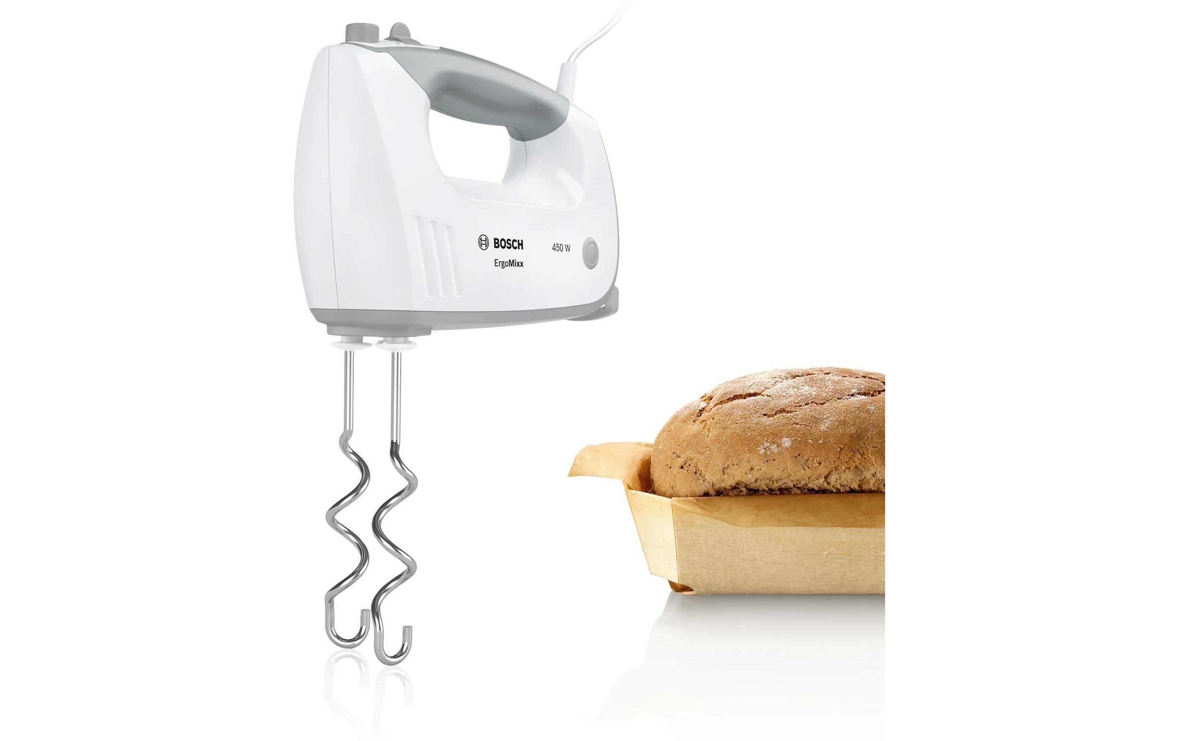 BOSCH Handmixer »ErgoMixx MFQ36440, Edelst. Rührbesen/Knethaken, 5 Stufen, Mixfuss, weiss« 450 W Mixbecher, ergonom. Soft-Touch-Griff, Made in Europe