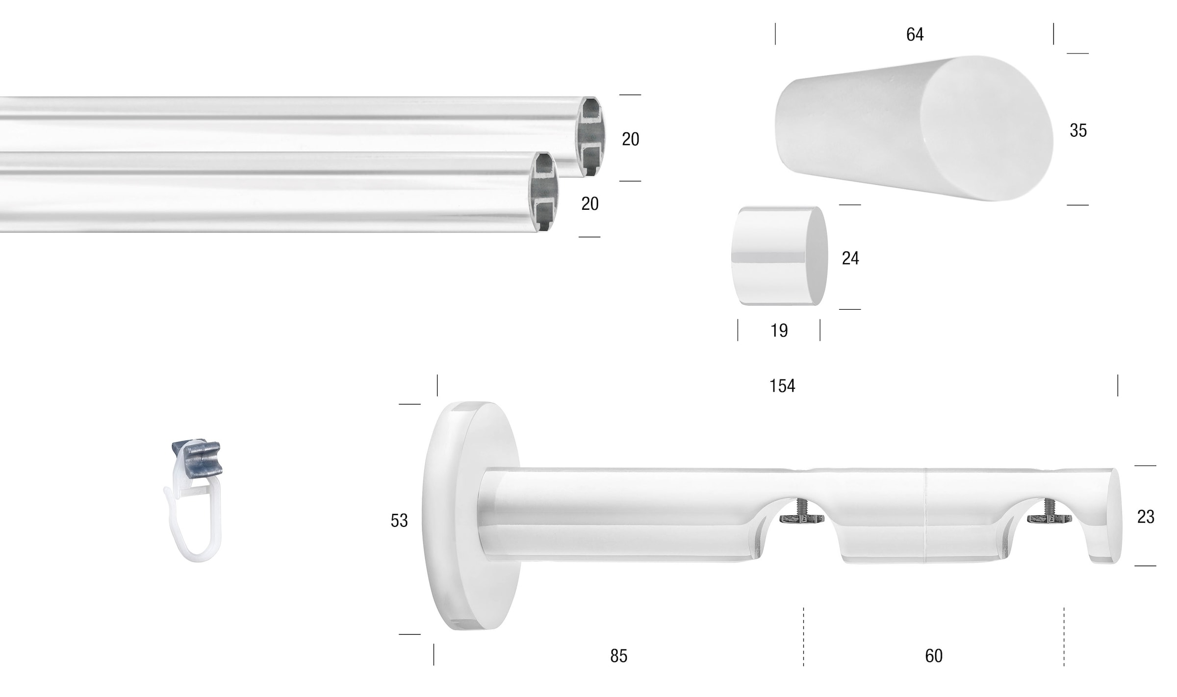 Image of GARESA Gardinenstange "WHITE" Ø 20 mm 2 läufig-läufig Wunschmasslänge Vorhanggarnitur, Innenlauf, verlängerbar, Endknopf abgeschrägt