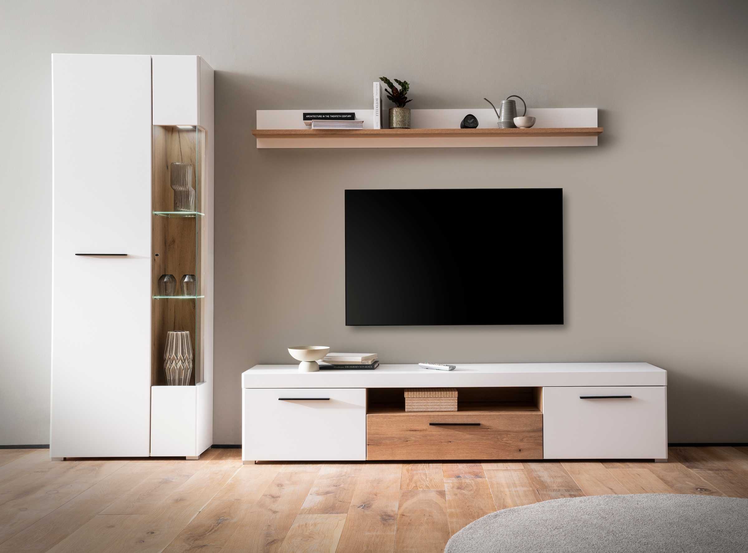 Image of Home affaire Wohnwand "Salerno, moderne Anbauwand, Wohnzimmer-Set, Weiss mit Eiche Evoke Dekor" Set, 3 Stk. tlg.