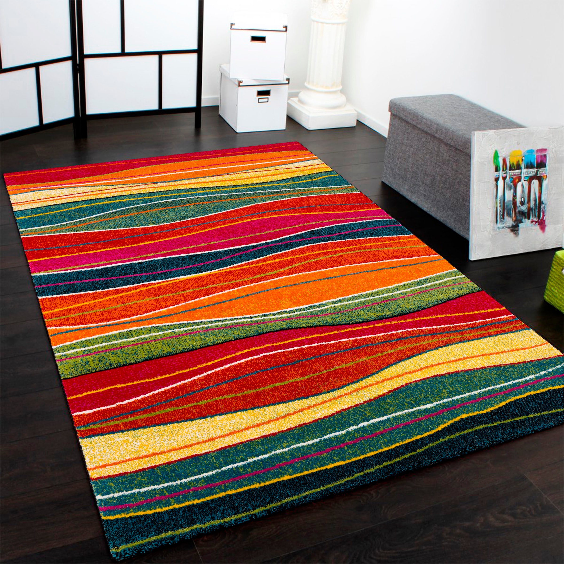 Paco Home Teppich »Canvas 773«, rechteckig, Kurzflor, moderner Streifen, ideal im Wohnzimmer & Schlafzimmer