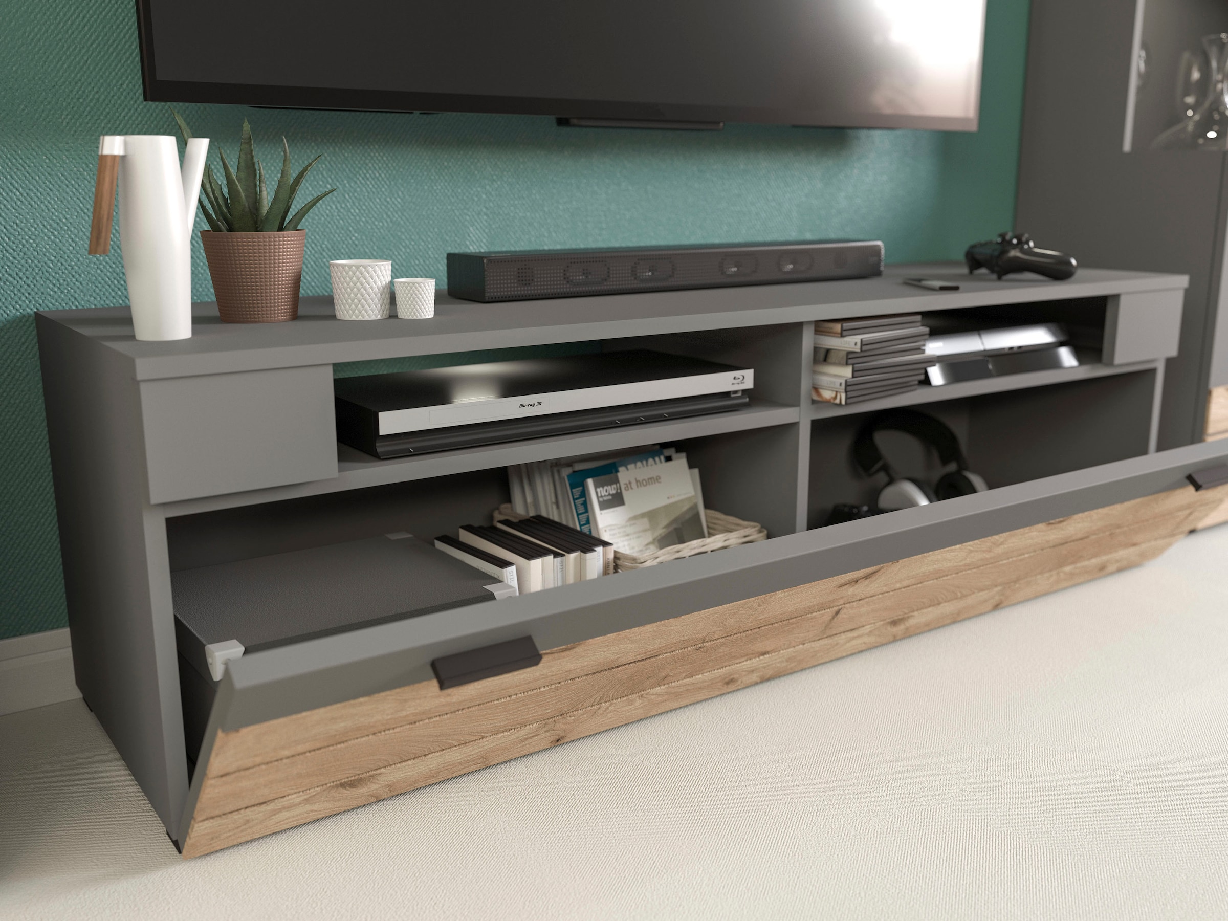 INOSIGN Wohnwand »Aalborg, Breite 290cm, 2-farbig,Metallgriffe, 4-teilig, bestehend aus:«, (4 St.), 1x Vitrine, 1x Lowboard, 1x Wandboard und 1x Stauraumschrank