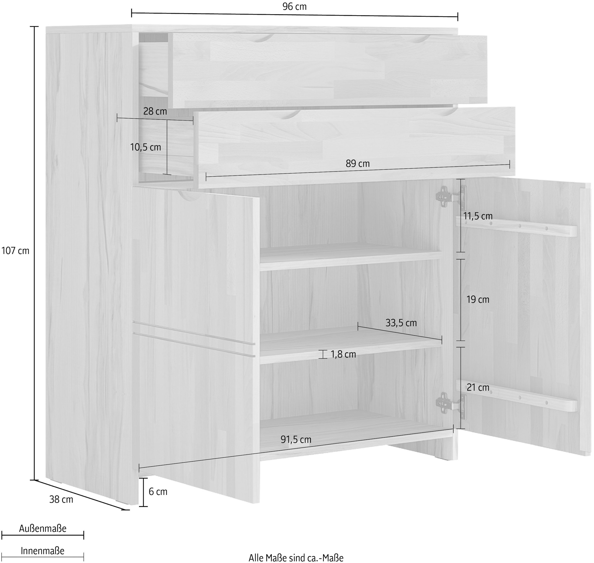 GOODproduct Buffet haut »Maximus: 3 geräumige Fächer, 2 Softclose Schubladen,Hochwertig,Zeitlos« B/T/H: 96/38/107cm, Massivzholz Fronten&Oberdeckel, Korpus aus Melamin