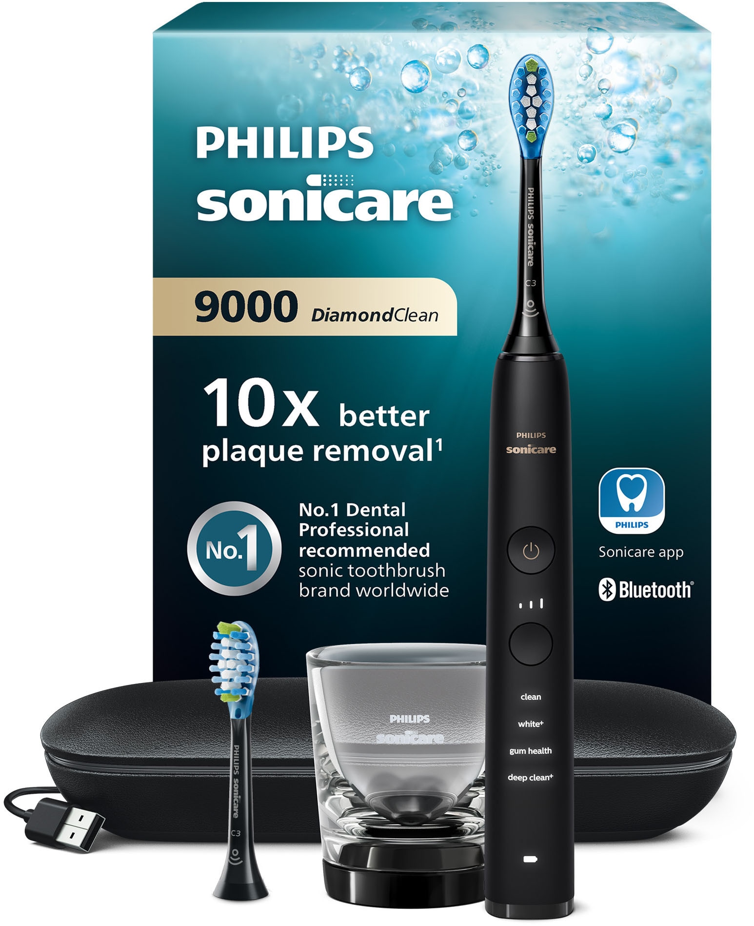 Image of Philips Sonicare Elektrische Zahnbürste "DiamondClean 9000 HX9913/18" 2 Stk. Aufsteckbürsten mit integriertem Drücksensor, 4 Putzprogramme und 3 Intensitätsstufen