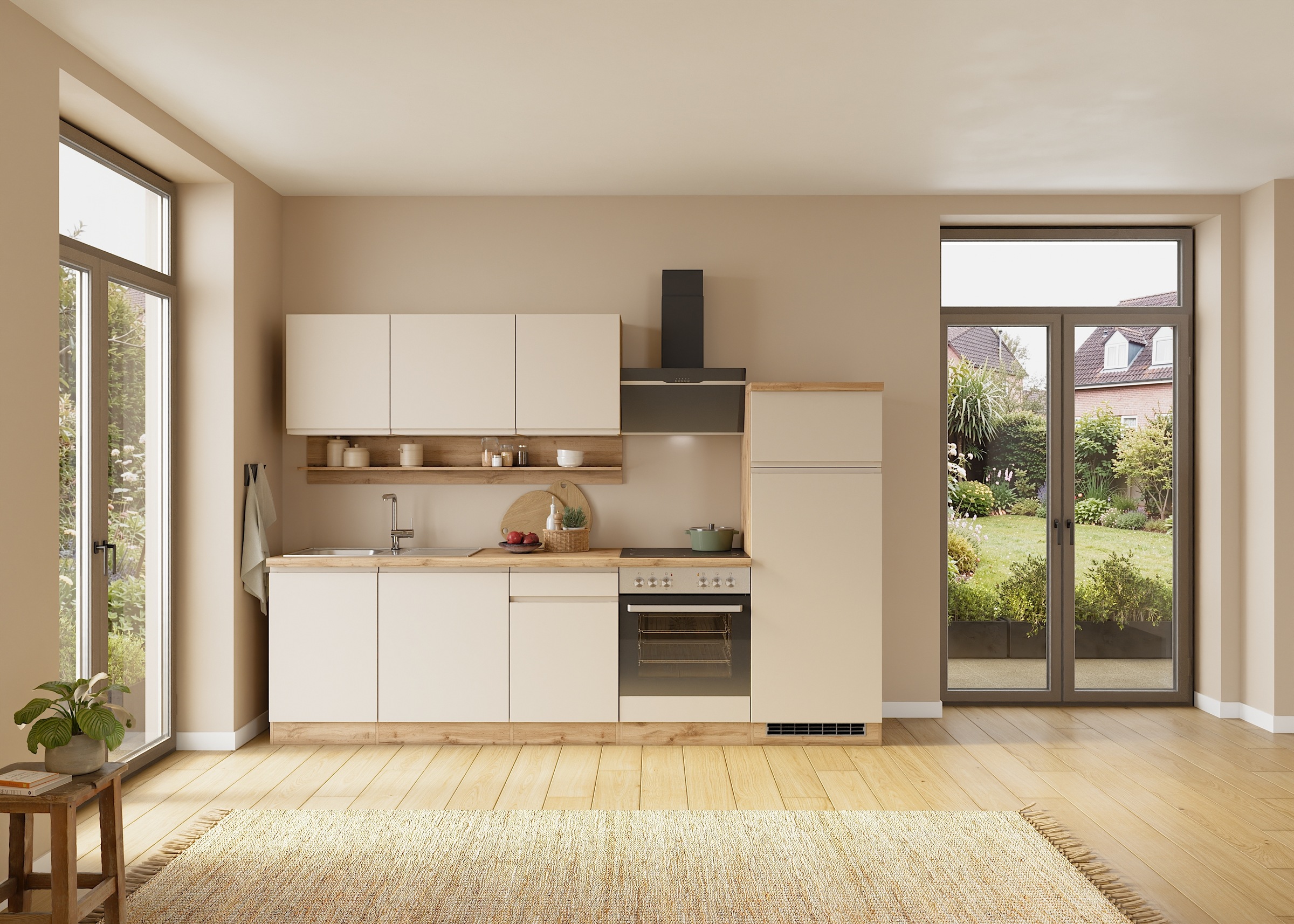 KOCHSTATION Küchenzeile "KS-Virginia,neu in verbesserter Ausführung" Arbeitsplatte 38 mm stark, Stauraum, Softclose, Breite 280 cm, Soft-Close, wahlweise mit E-Geräten