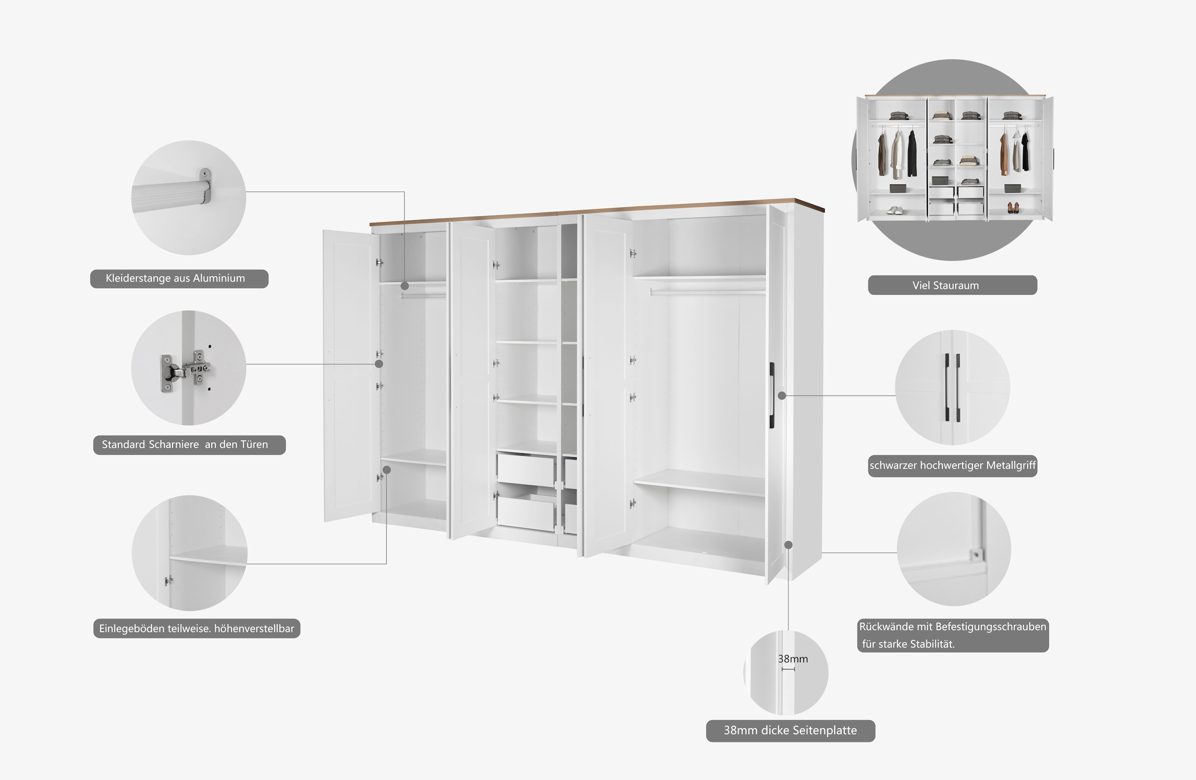 GOODproduct Kleiderschrank »Büsum Schlafzimmer Schrank mit 6 Türen« stabile robuste Bauweise mit optimaler Aufteilung  - Breite 3m,  Schlafzimmerschrank Landhaus Design Garderobe Schrank Bestseller