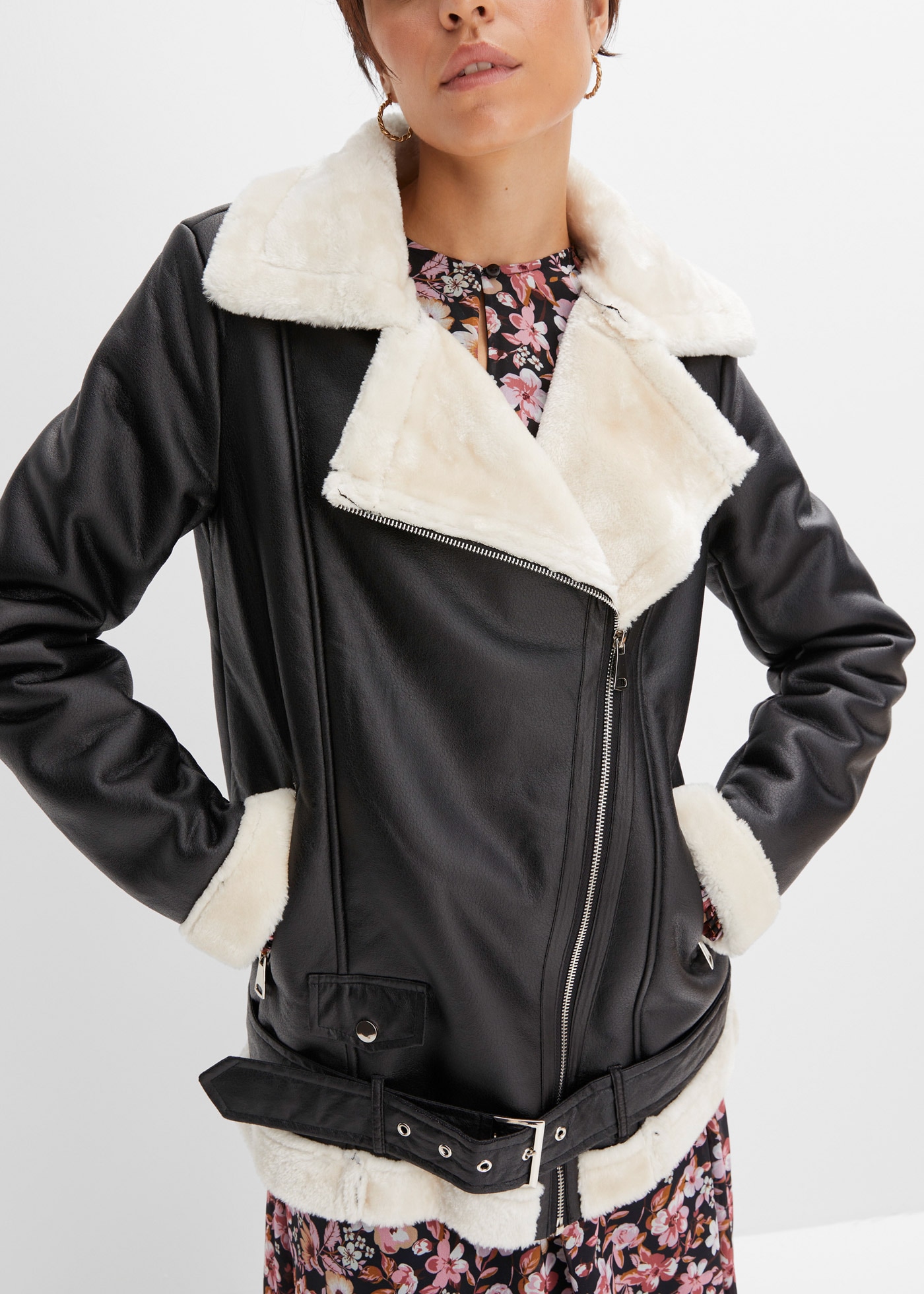 Image of bonprix Bikerjacke unifarbenes Design mit Farbeinsätzen, mit Fellimitatkragen