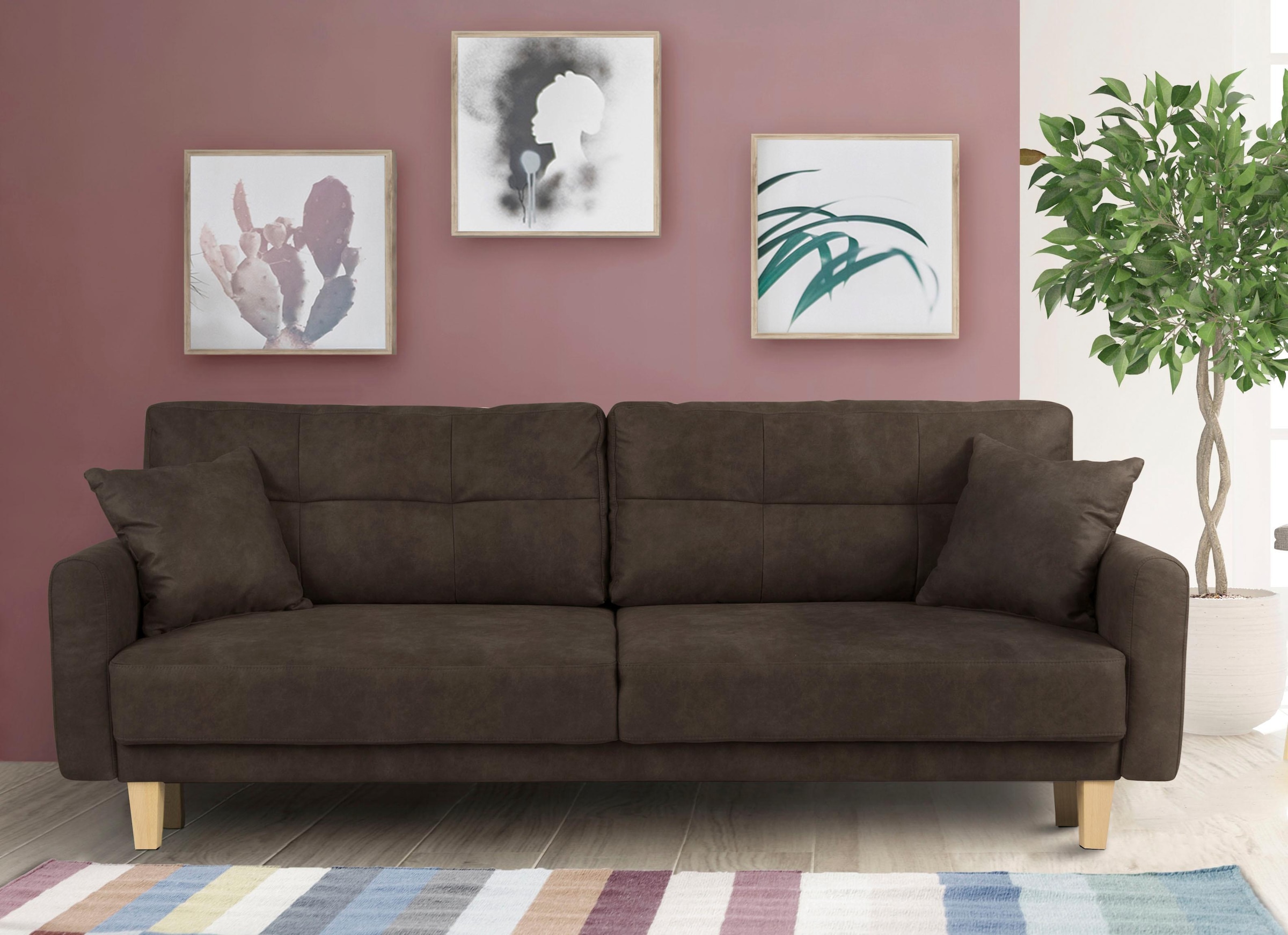 Home affaire 3-Sitzer »TRIPLO optionale Schlafsofa mit Bettkasten, Masse B/T/H: 215/100/89 cm«, Wahlweise Bettfunktion - Liegefläche 145x191 cm, Rücken-, Zierkissen