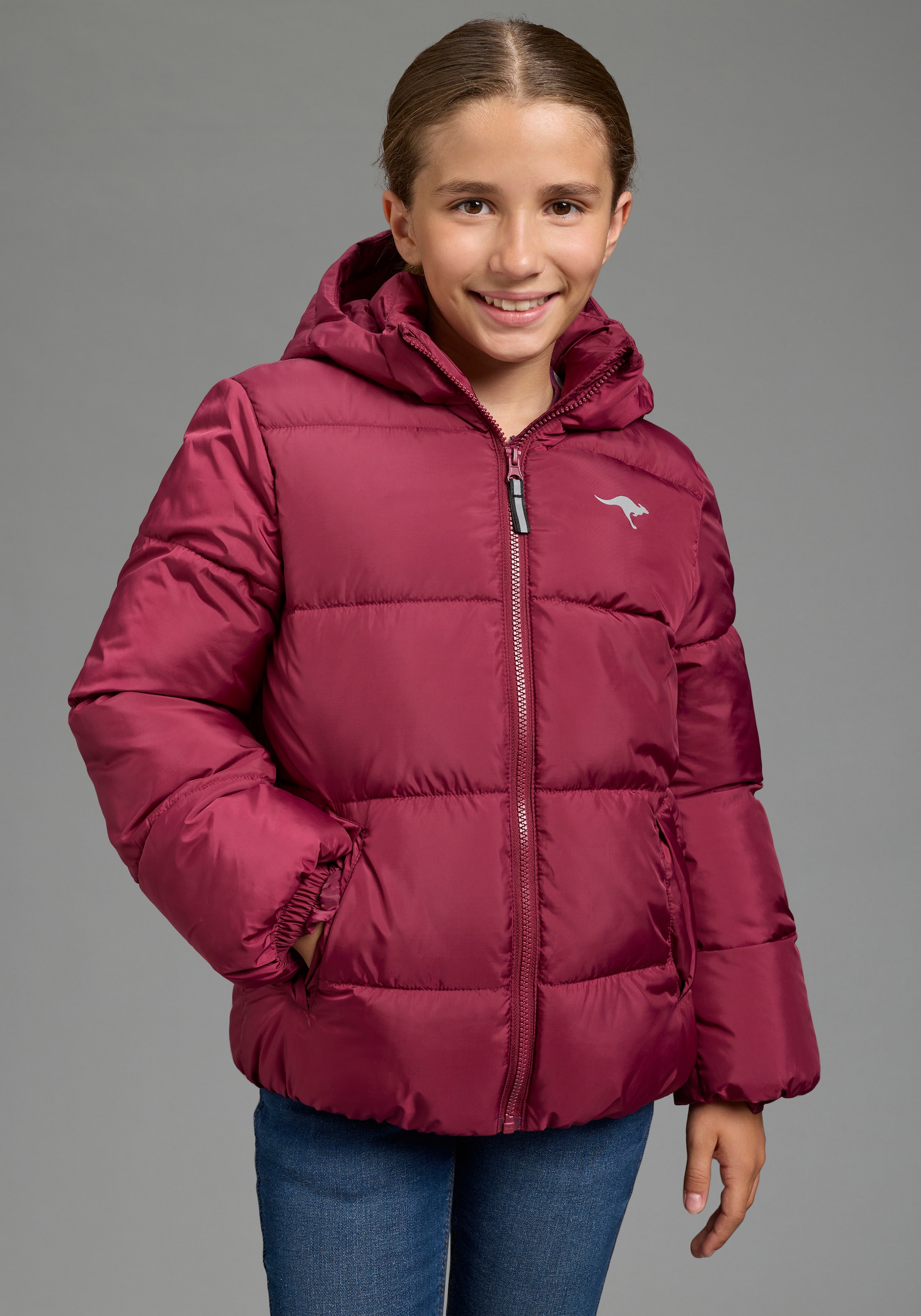 Image of KangaROOS Winterjacke "Outdoor Steppjacke mit KangaROOS Logo-Druck für Mädchen" mit Kapuze Warme Steppjacke mit reflektierenden Details