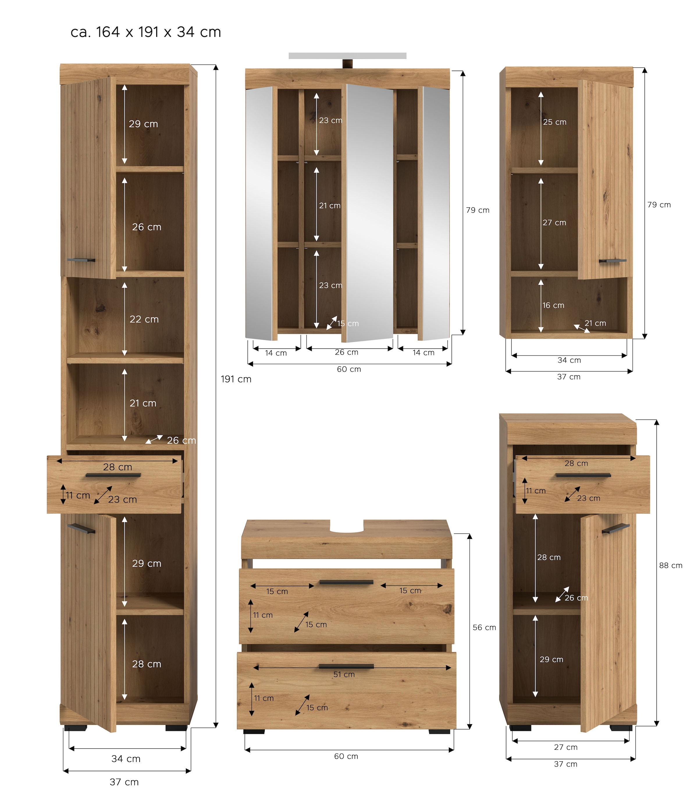 welltime Badmöbel-Set »SIENA, 5 teilig, inklusive LED Beleuchtung, bestehend aus:« Set, TOPSELLER!, 5 Stk. tlg.