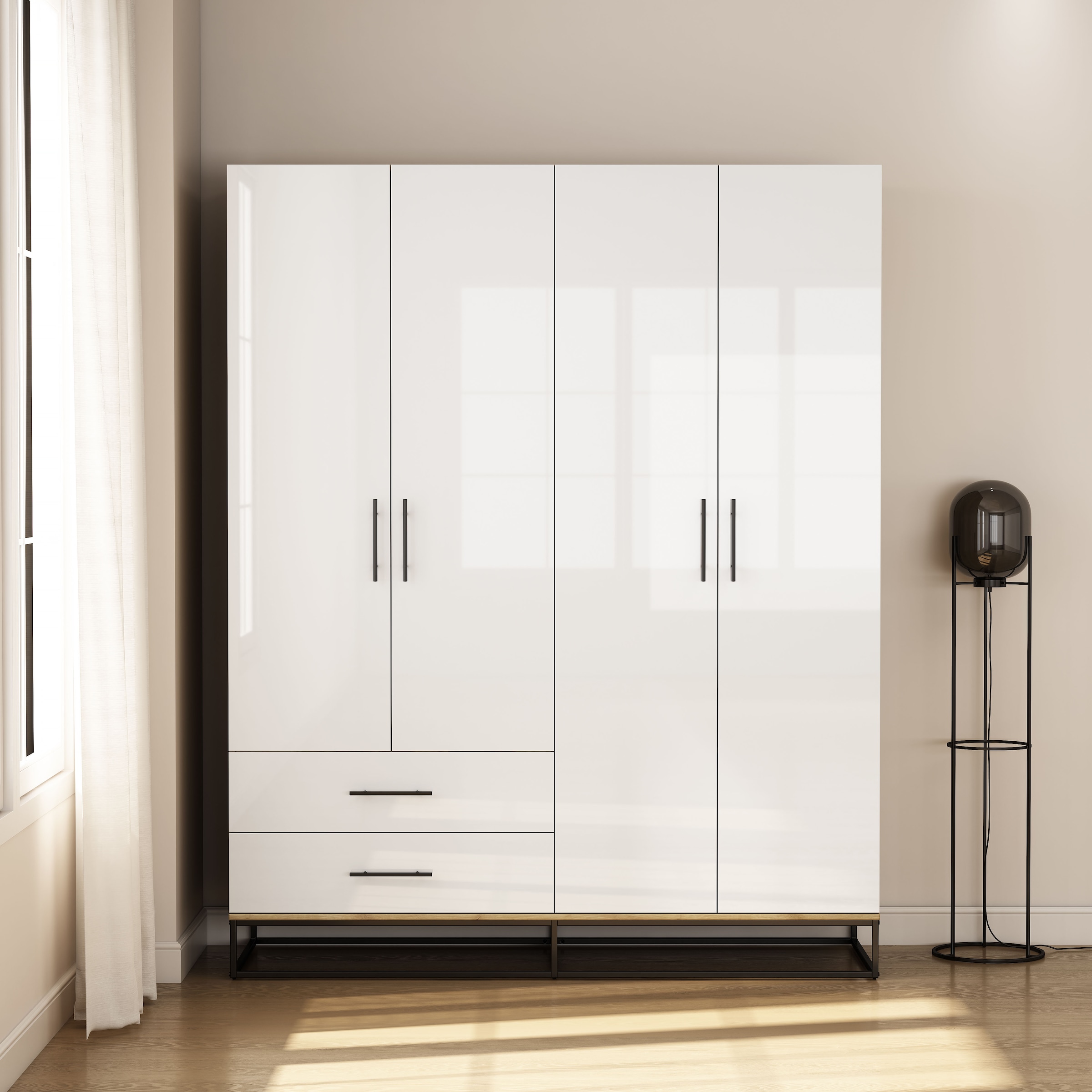 GOODproduct Kleiderschrank »Lucca Schlafzimmerschrank Garderobe Hochglanz Bestseller« Schwarze Griffe und Kufengestell aus Metall,  Schlafzimmerschrank mit 4 Türen und 2 Schubladen, Breite 160cm