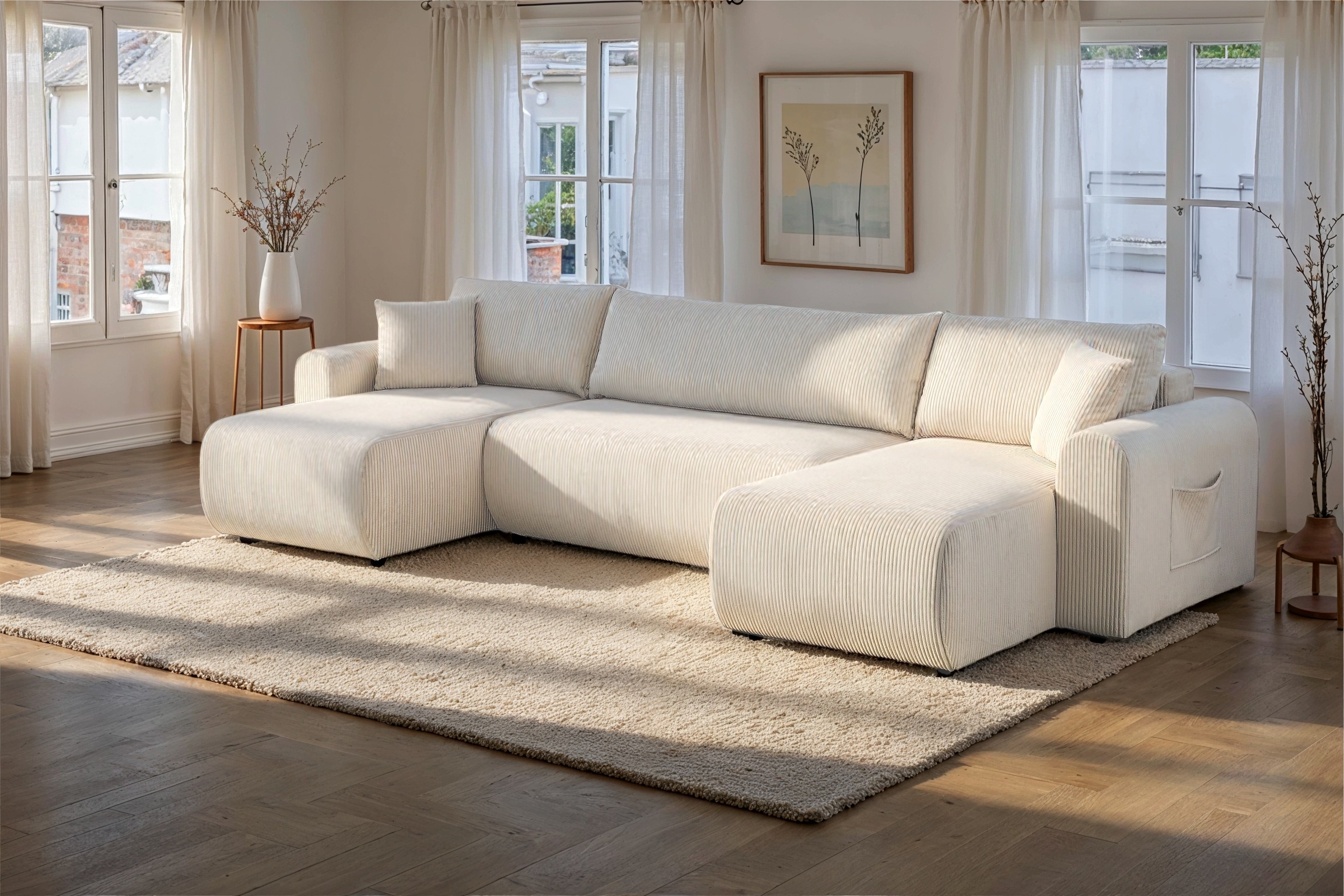 GOODproduct Paysage de salon »JONAA, 311 cm, U-Form, Schlafsofa, Boxspringfederung, Cord u. Struktur« 133/270cm, Bettkasten, Seitentaschen, Cord und Struktur