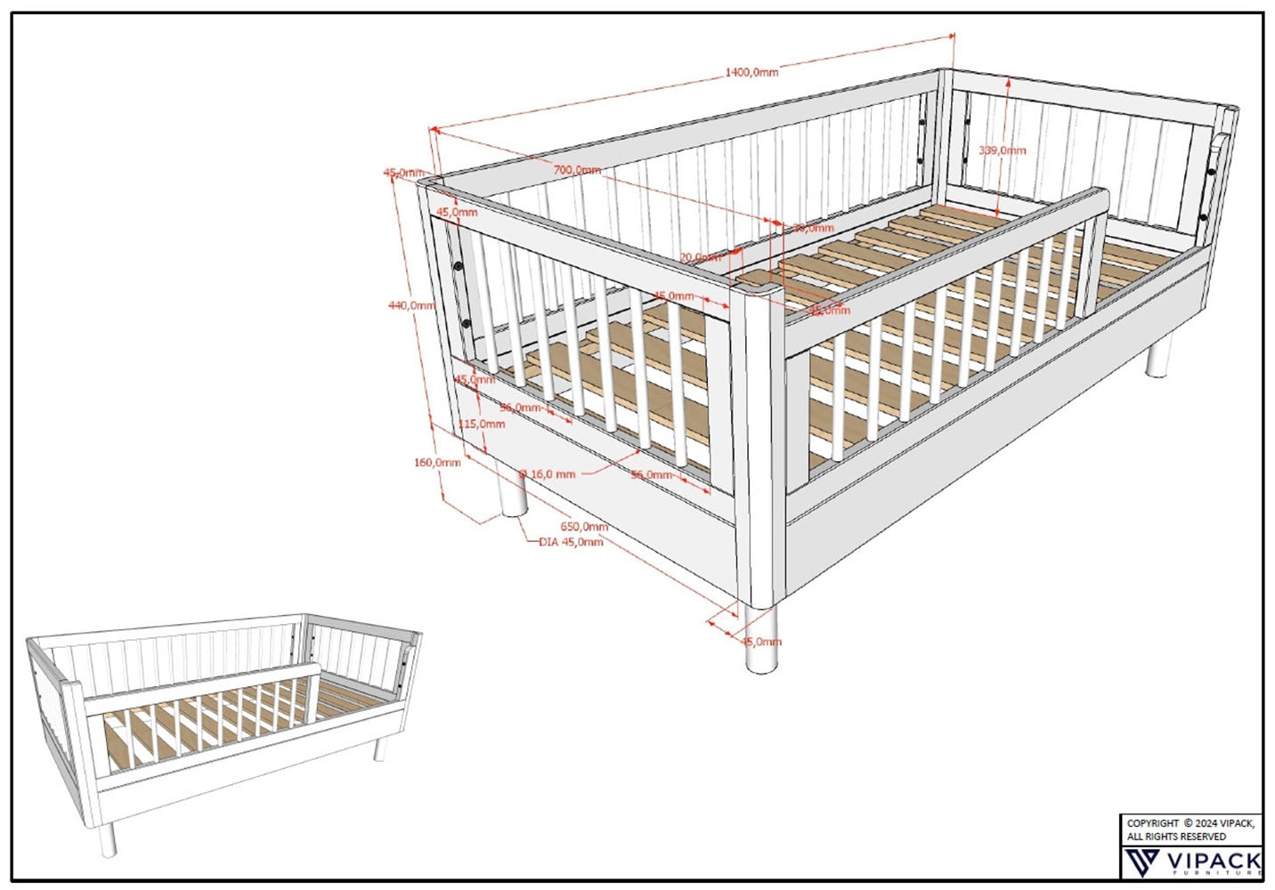 Vipack Kinderbett »Forrest Juniorbett 70/140 cm, mit Sprossen, Buche massiv« B/H/T ca.: 144x60x74 cm, mit Lattenrost, weiss lackiert,  vorne mit Absturzschutz u. niedriger Betteinstieg