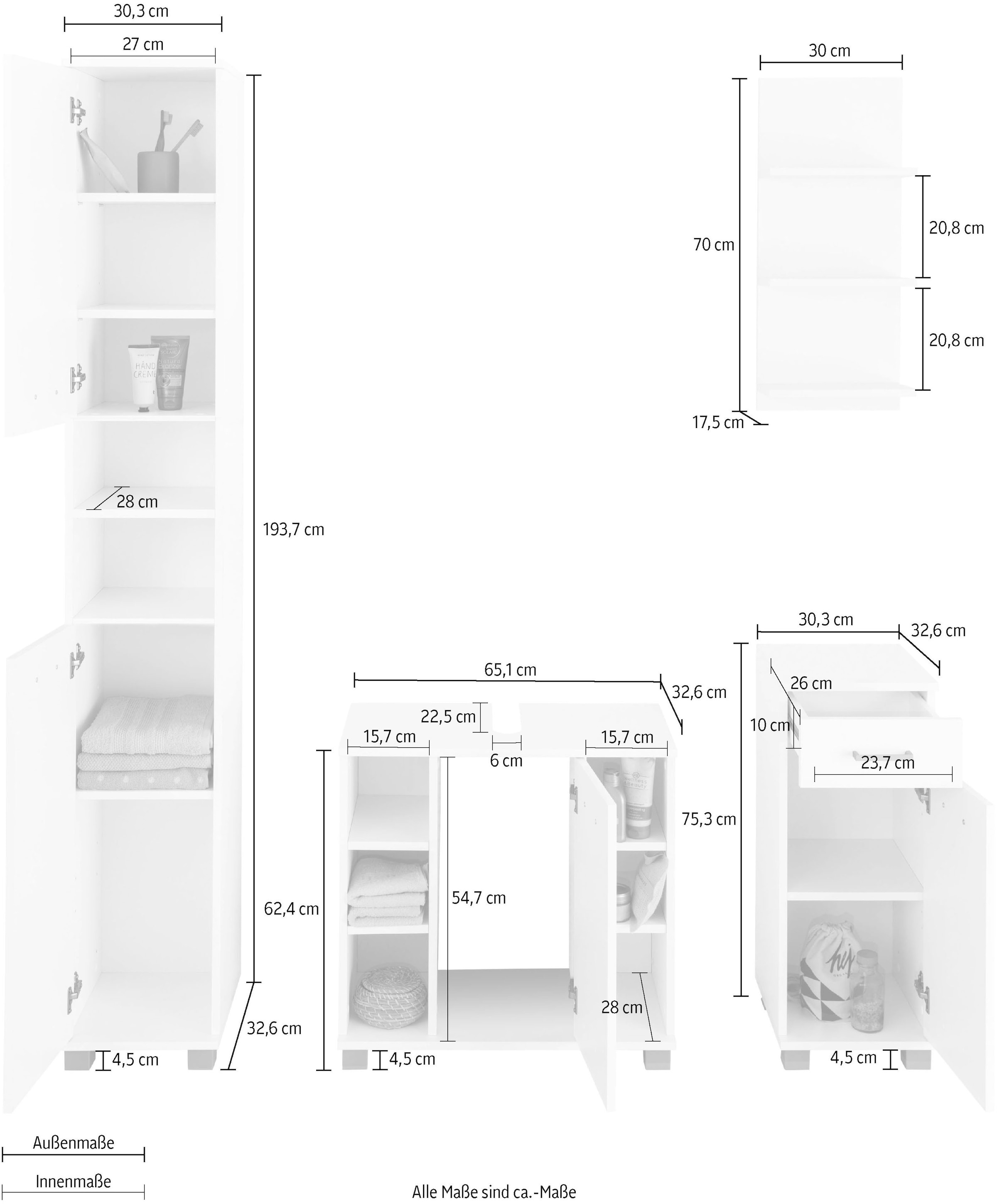 Schildmeyer Badmöbel-Set »Mobes«, Hochschrank, und versandkostenfrei Unterschrank Waschbeckenunterschrank, St.), auf 4 Wandregal (Set
