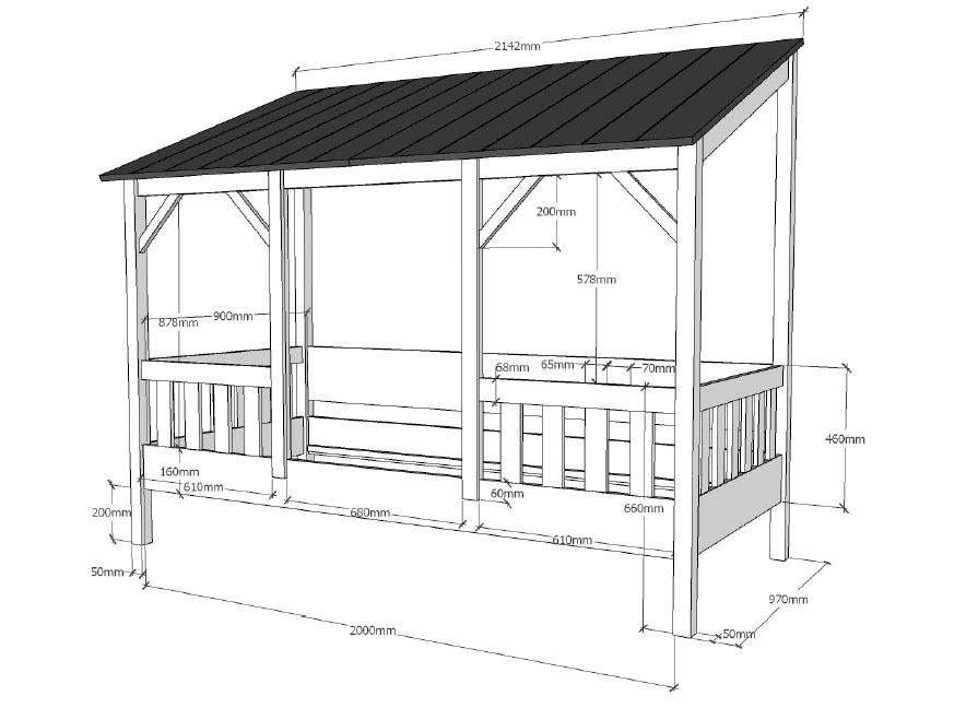 Vipack Kinderbett »Hausbett, aus MDF und Massivholz, Dach schwarz oder weiss« B/H/T ca. 214,2x174x105,3cm, inkl. umlaufende Umrandung,  wahlweise mit oder ohne Bettschublade auf Rollen