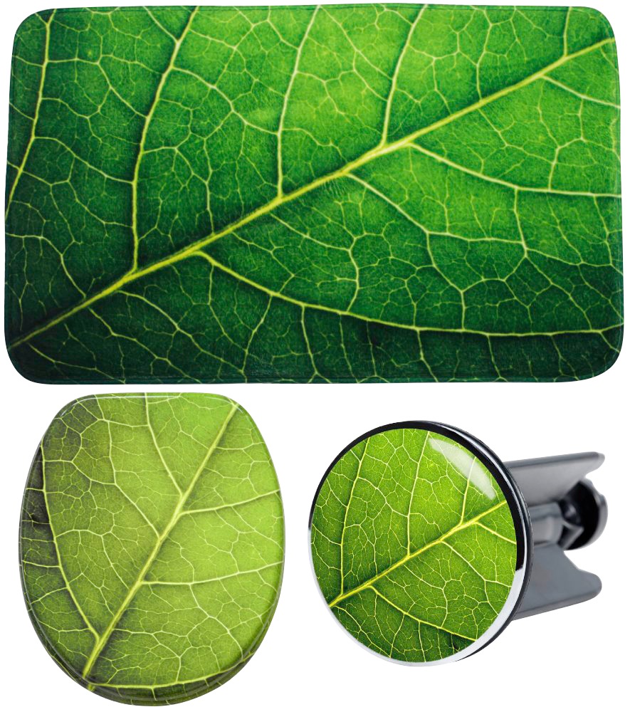 Image of Sanilo Badaccessoire-Set "Blatt" bestehend aus WC-Sitz, Badteppich und Waschbeckenstöpsel