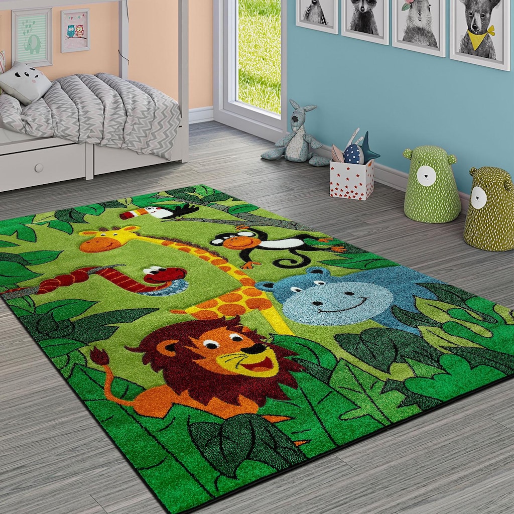 Paco Home Kinderteppich »Diamond 638«, rechteckig, 18 mm Höhe, 3D-Design, Motiv Dschungel Tiere, Kinderzimmer