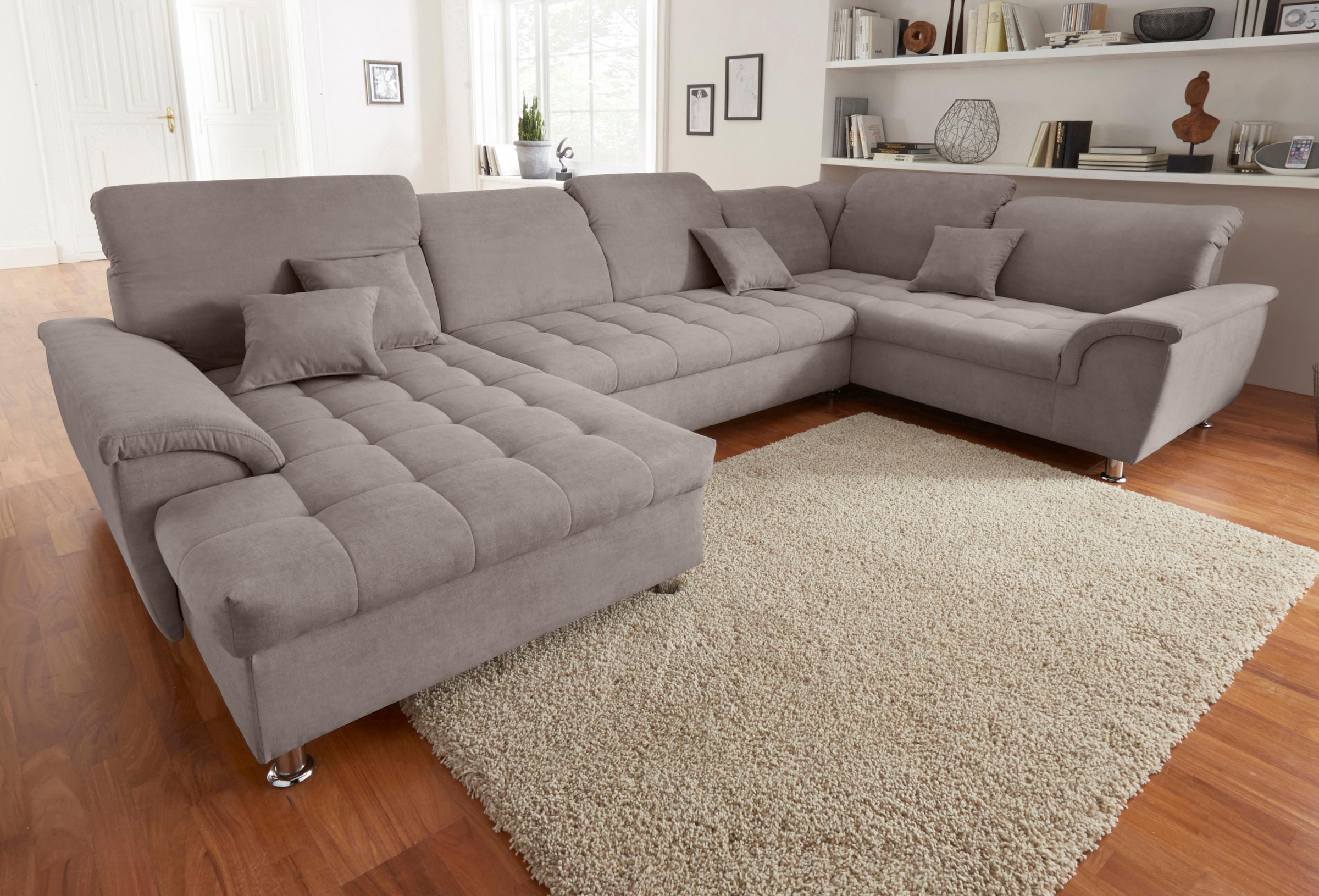 Image of DOMO collection Wohnlandschaft "FRANZI optional mit Bettfunktion, Bettkasten & Kopfteilverstellung" U-Form, Recamiere links, taupe, B/T: 352/206 cm