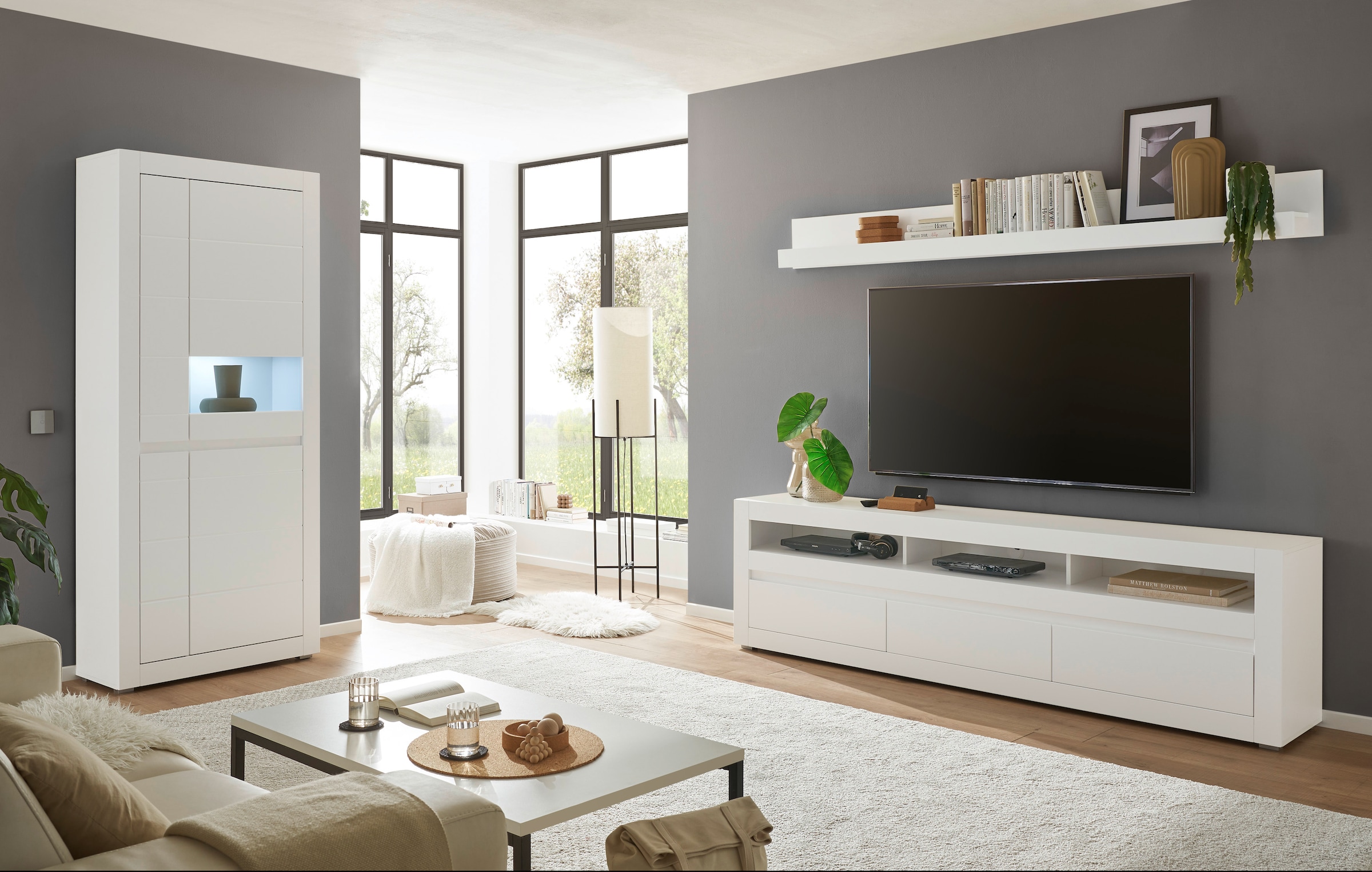 INOSIGN Wohnwand »Anbauwand in Weiss Matt, Wohnzimmer-Set mit austauschbarer Blende«, (Set, 3 St.), enthält Vitrine, Lowboard, Wandboard, zeitloses Design, 312 cm breit