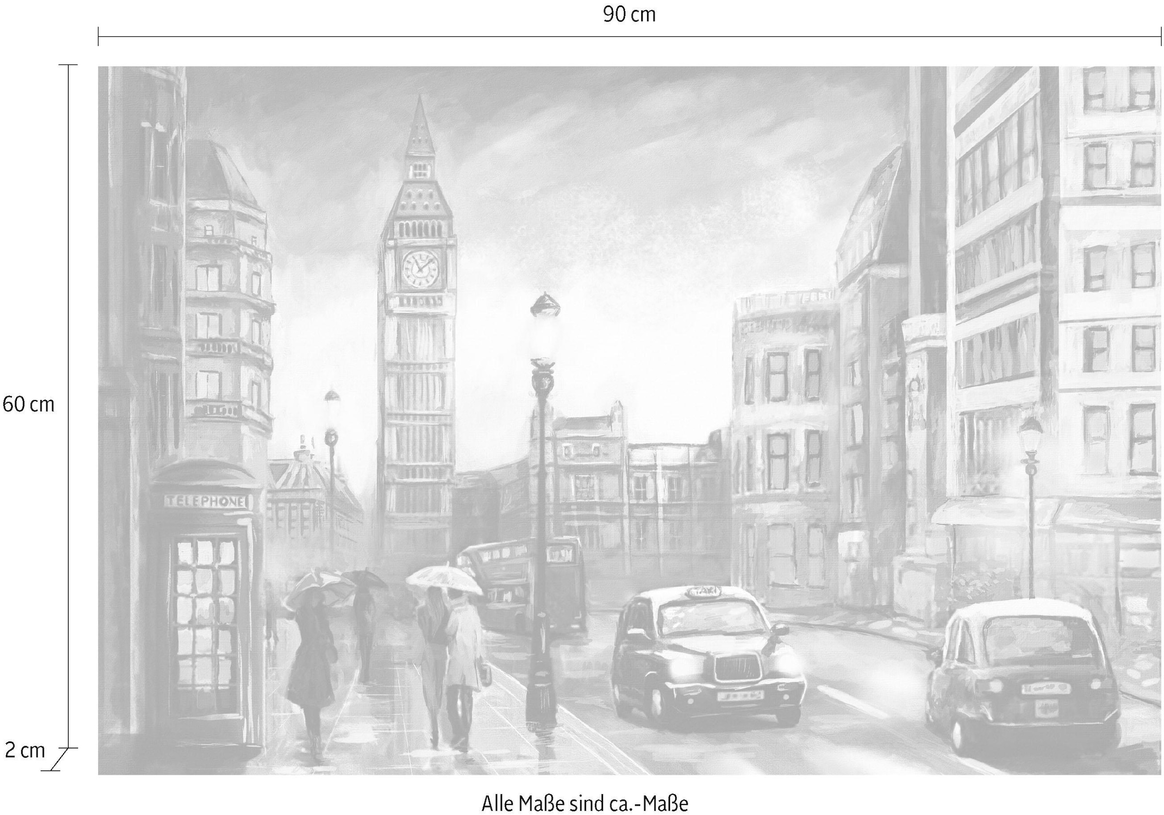 Places of Style Leinwandbild »London«, London-Schwarz-Weiss-Kunst-Modern-Fahrzeuge-Menschen-Rain-Städte, Premium-Leinwandstoff, Handarbeit aus Deutschland, 90x60cm