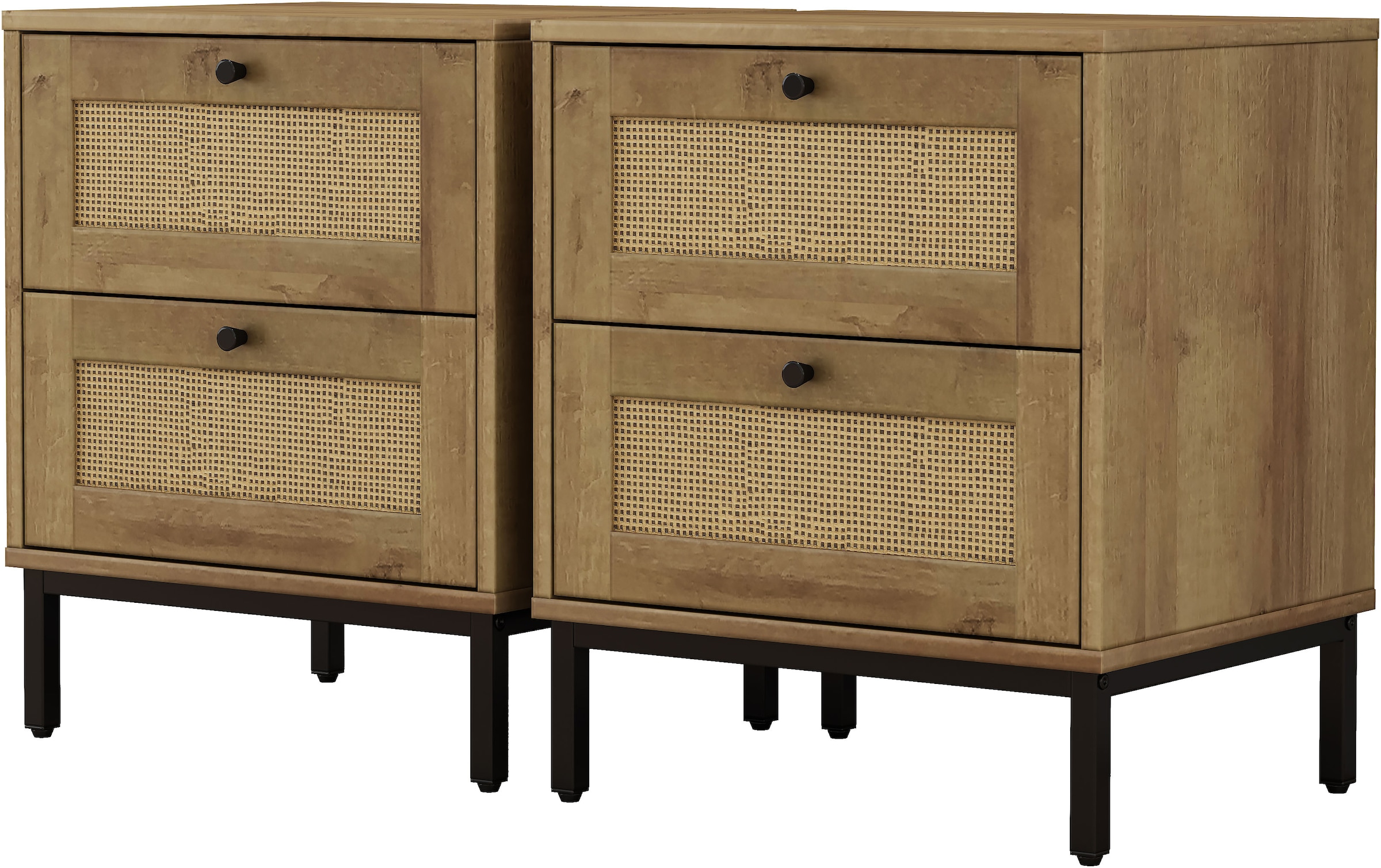 GOODproduct Nachtkommode »Motala Nachtschrank Set BOHO Style mit Geflecht Schubladen Bestseller« Set, 2 Schränke im Set - Eichen-Design mit schwarzen Griffen, 