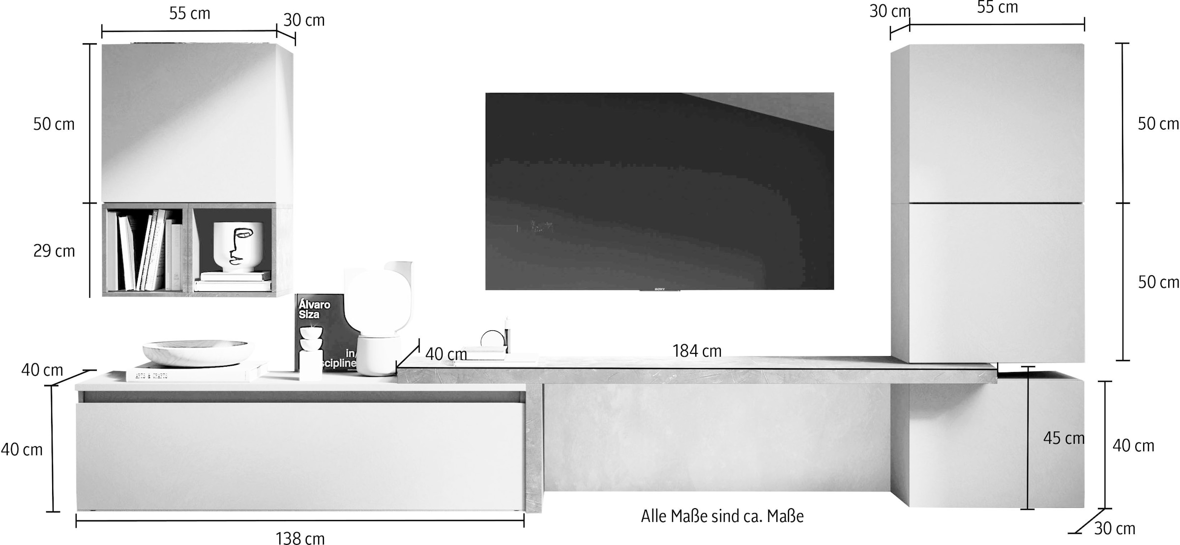 INOSIGN Wohnwand »INFINITY, 7tlg. Breite 290 cm, Höhe variabel, Schrankwand, Anbauwand«, (7 St.), (Lowboard, T-Boden, 3x Hängewürfel, Würfelregal Set, Würfel-Element)