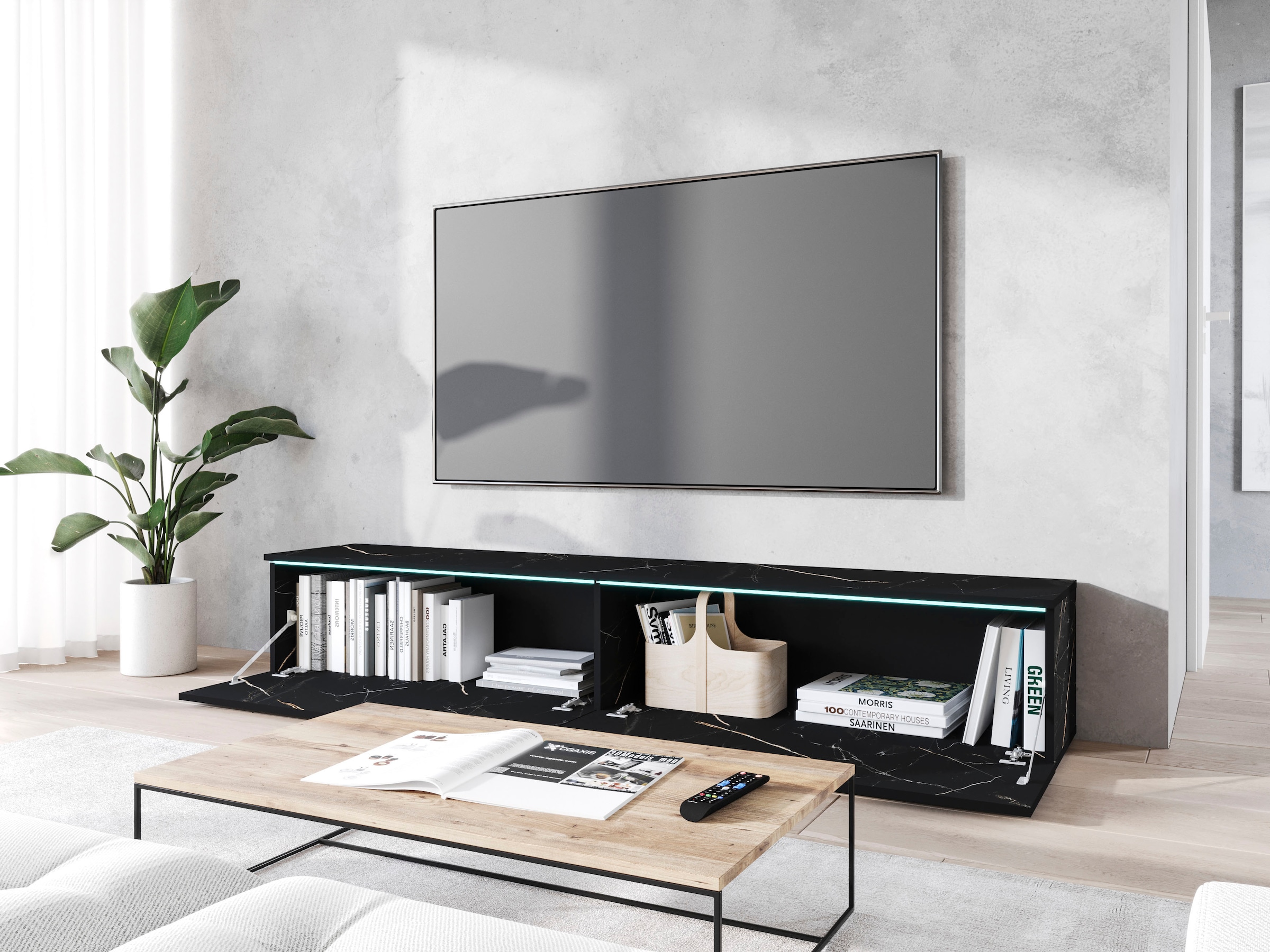 Home affaire Table basse »LOWBOARD VERA, wahlweise mit oder ohne Beleuchtung« Modernes griffloses TV-Board, 180 cm TV-Schrank, stehend und hängend