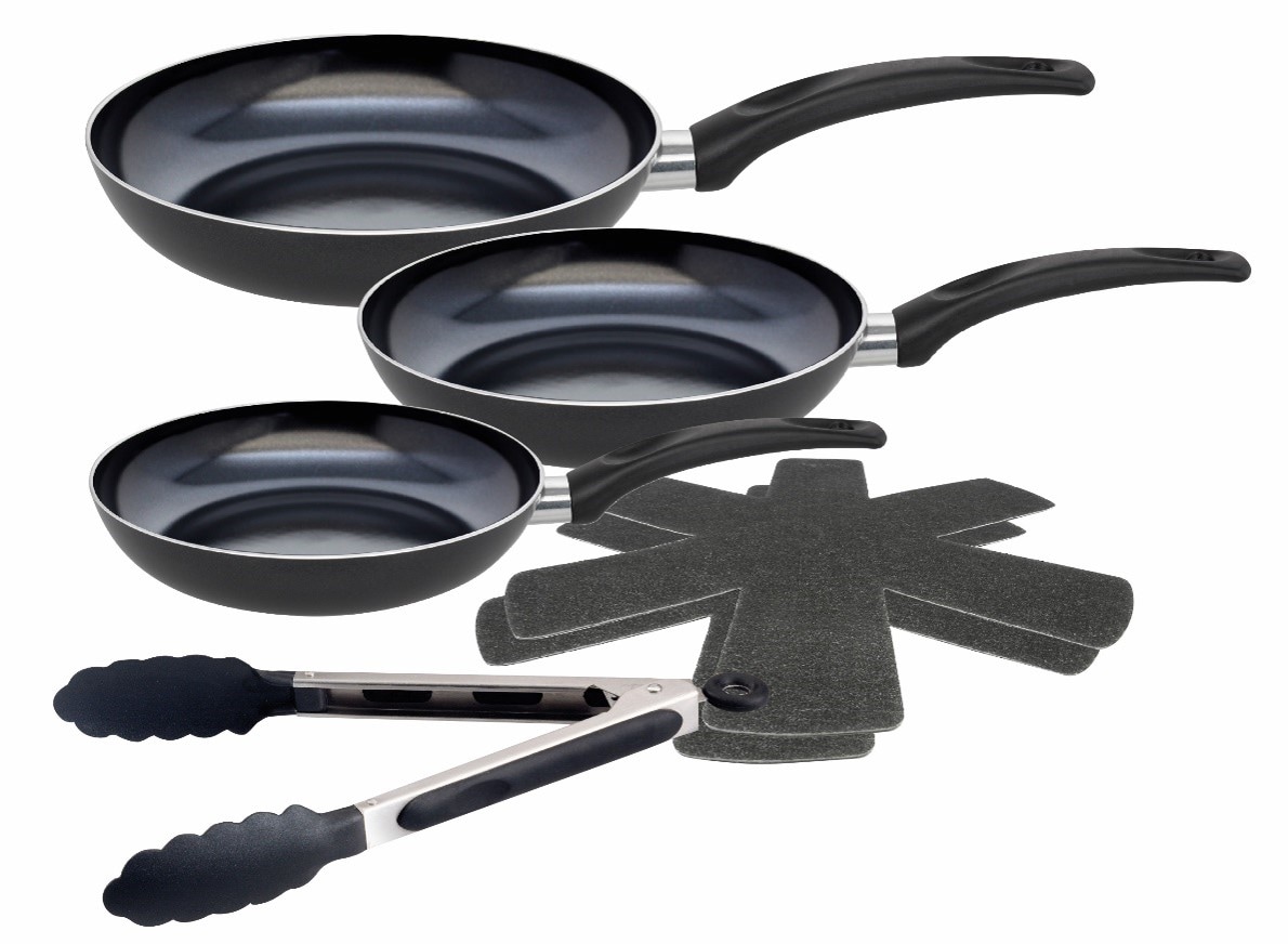 Elo - Meine Küche Pfannen-Set "Prima Cucina 6 teilig" Aluminium Set, 1x Bratpfanne Ø 20/24/28 cm, 1x Grillzange, 2x Stapelschutz, 6 Stk. tlg. Induktion