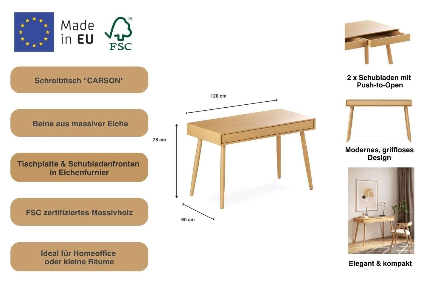 Woodman Bureau »Carson« 120/60/78,  Breite 120 cm, Schubladen mit Push-to Open, FSC®
