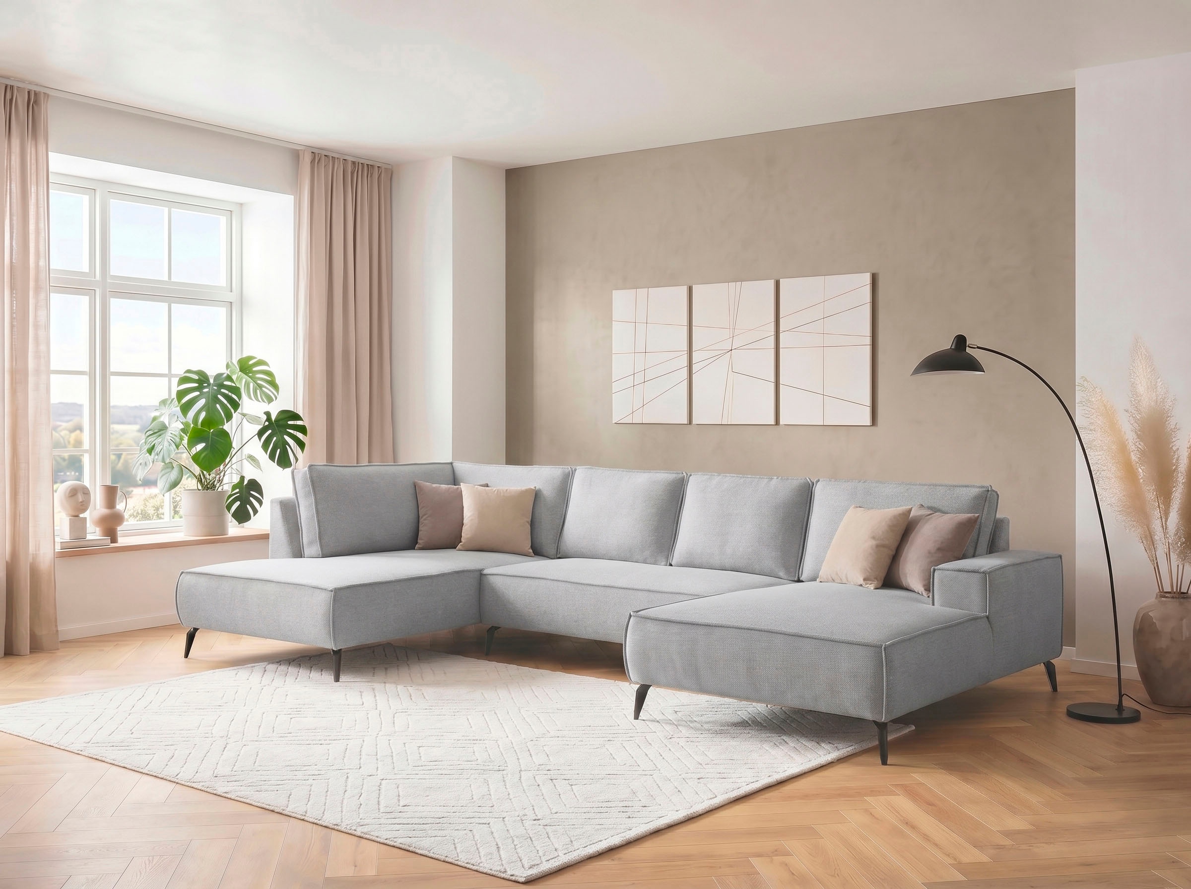 GOODproduct Wohnlandschaft »TVINNU Leinenoptik, 354 cm« Recamiere rechts/links, schwarze Metallfüsse, bequeme Sitz-/Liegefläche