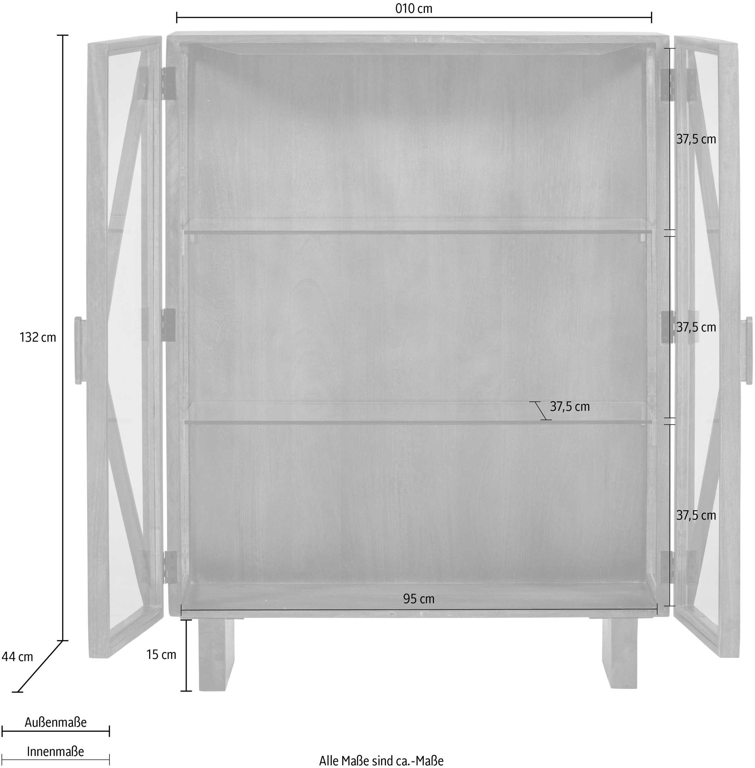 WOOOD Vitrine »Kella Mangoholz mit Glastüren und Glasablagen B 100 x D 44 x H 132 cm« Wandbefestigung empfohlen, Tragkraft 5–7 kg pro Glasboden