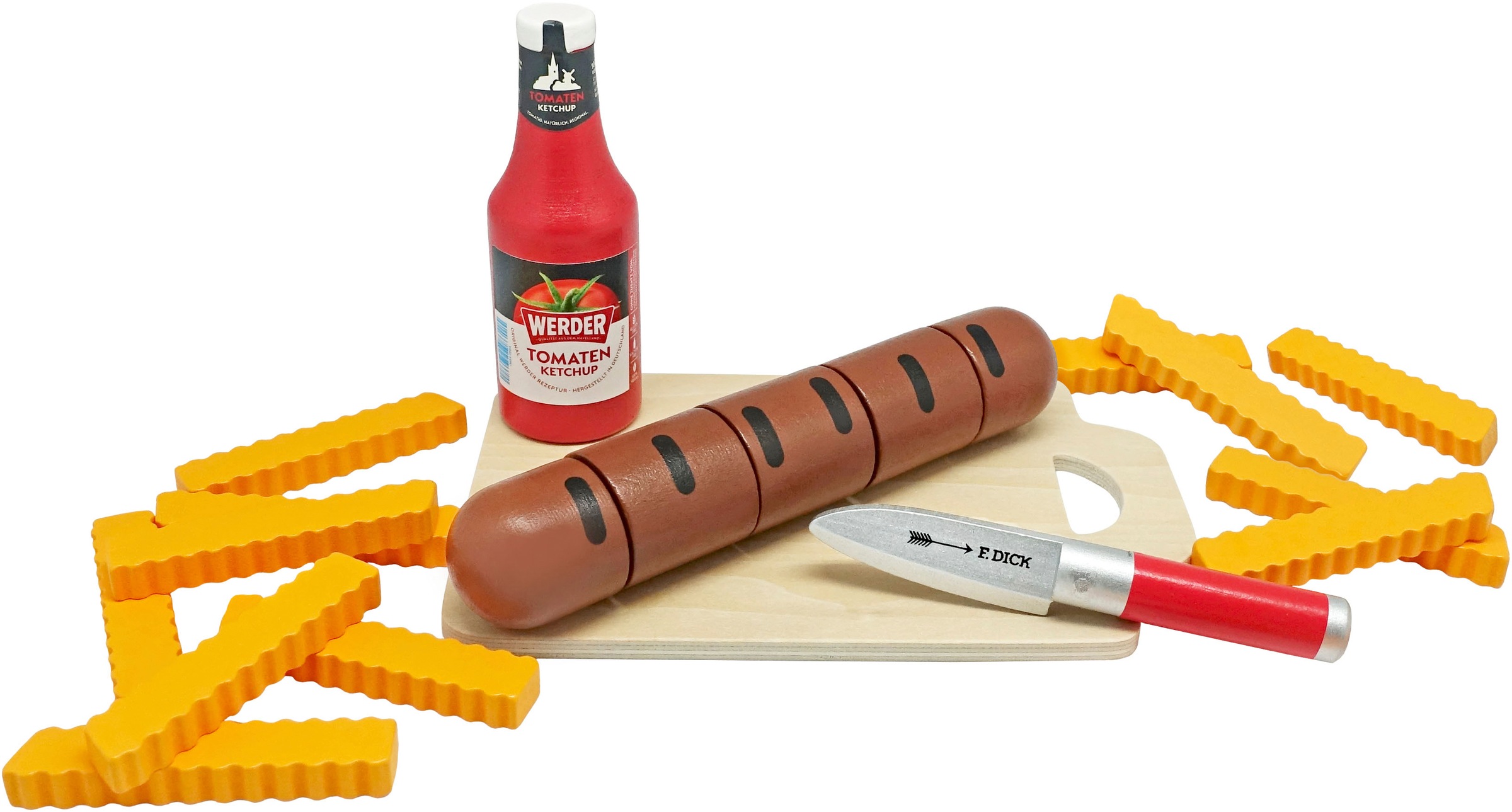 Tanner Spiellebensmittel "Bratwurst zum Schneiden mit Pommes und Werder Ketchup" aus Holz, FSC - schützt Wald