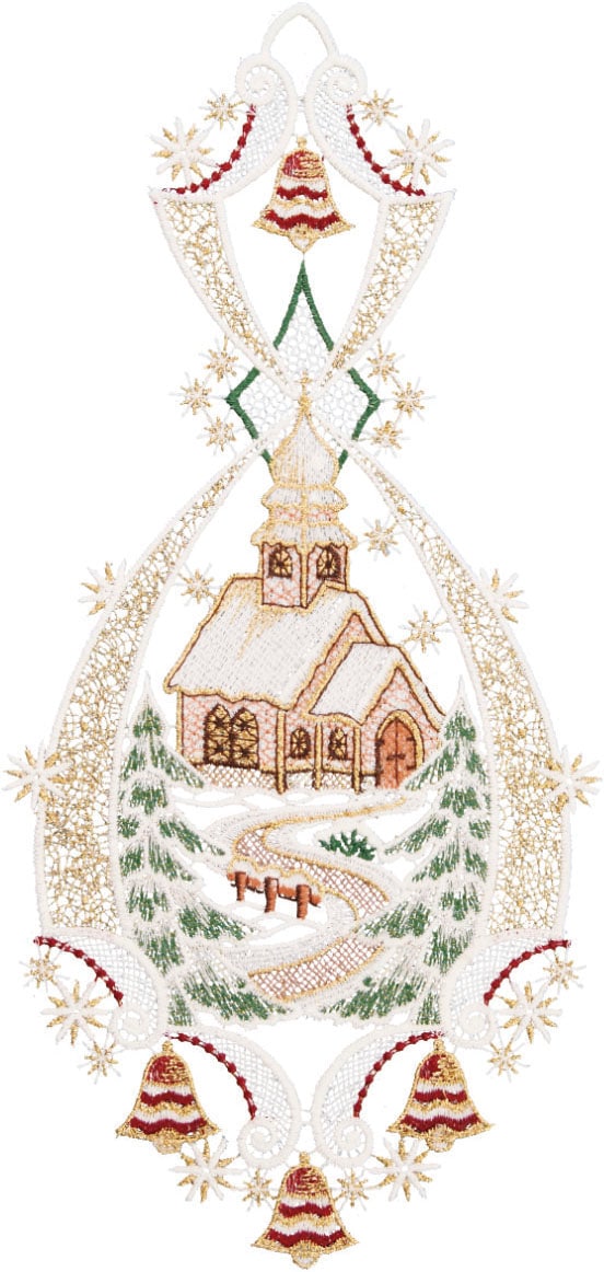 Image of W. Reuter & Sohn - Plauener Spitze Fensterbild "Landschaft Kirche" Made in Germany