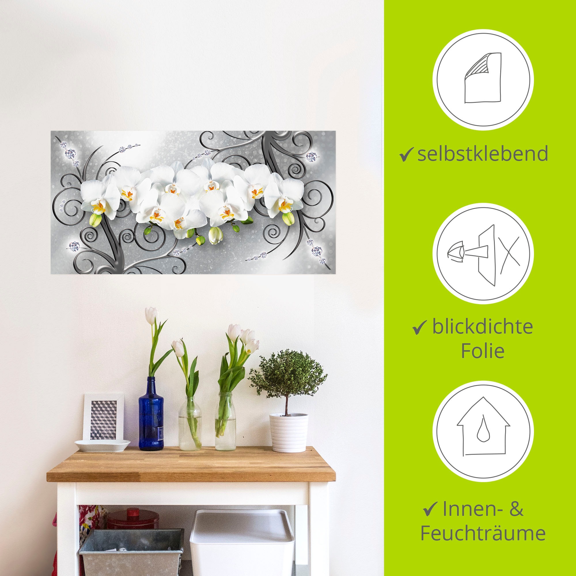 Artland Wandbild »weisse Orchideen auf Ornamenten«, Blumenbilder, (1 St.), als Alubild, Outdoorbild, Leinwandbild, Poster, Wandaufkleber