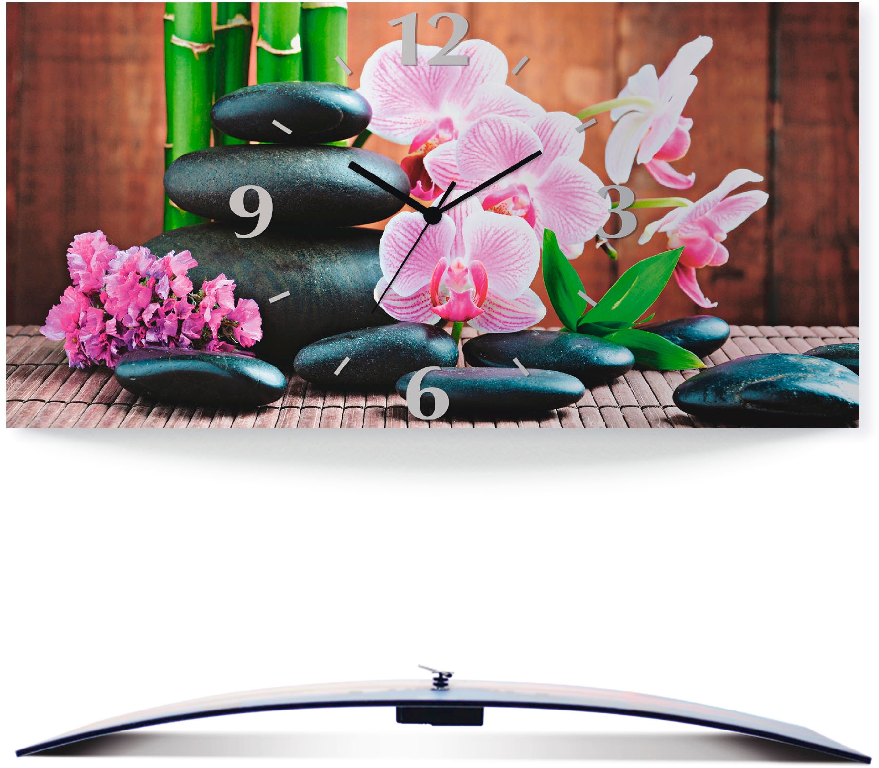 Image of Artland Wanduhr »Spa Konzept Zen Steinen Orchideen«, 3D Optik gebogen, lautlos, ohne Tickgeräusche, nicht tickend, geräuschlos - wählbar: Funkuhr o. Quarzuhr, moderne Uhr für Wohnzimmer, Küche etc. - Stil: modern bei Ackermann Versand Schweiz