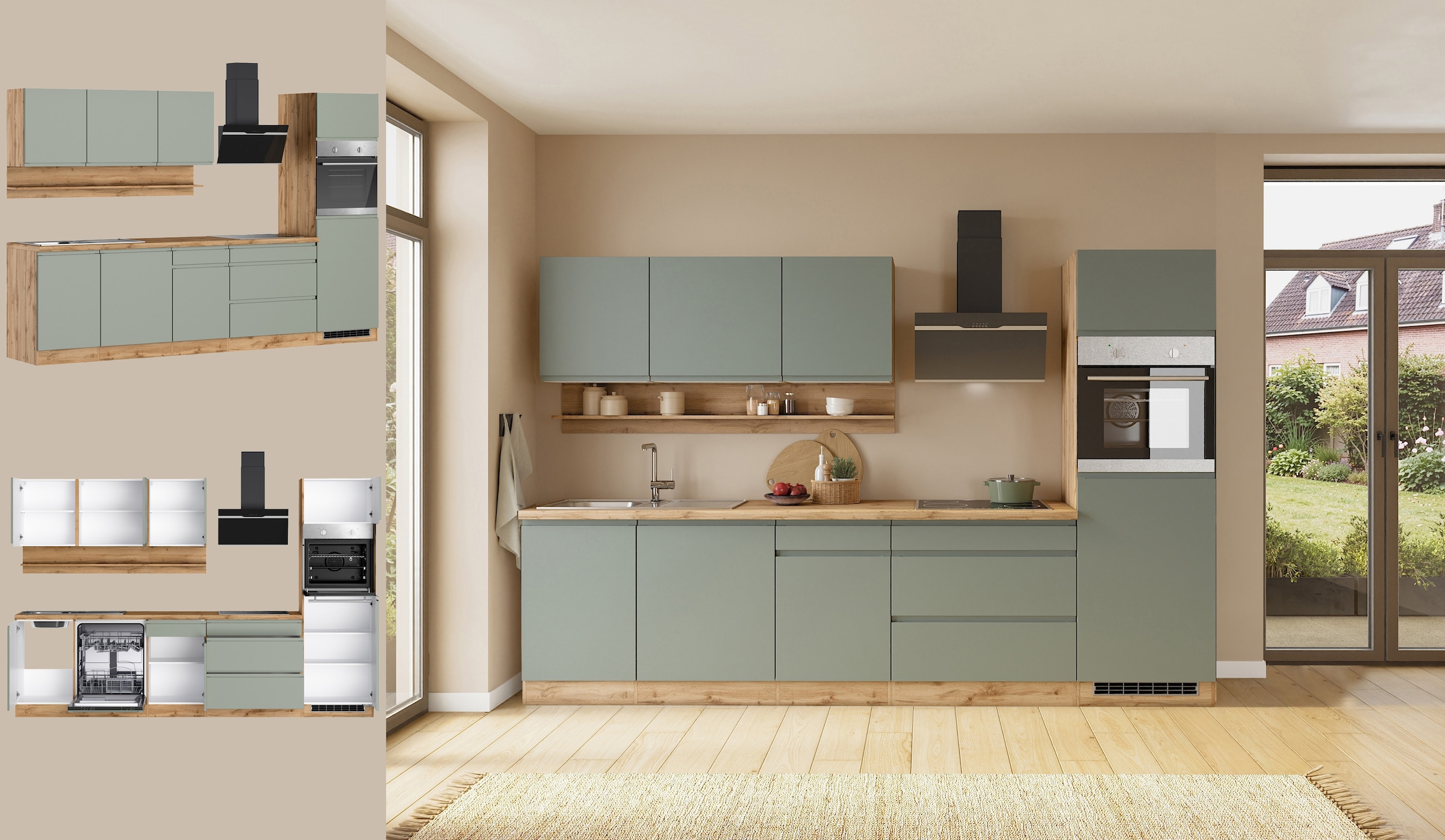 KOCHSTATION Küchenzeile »KS-Virginia,neu in verbesserter Ausführung« Arbeitsplatte 38 mm stark, Stauraum, Softclose,  Breite 300 cm, Soft-Close, wahlweise mit E-Geräten