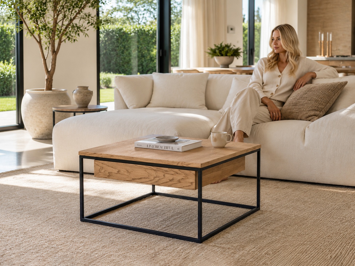 GOODproduct Couchtisch »Como, Wohnzimmertisch, Sofatisch, Beistelltisch, Kaffeetisch« Wildeiche massiv geölt, Natur/Smoke, Metallgestell, 2 Ablagen