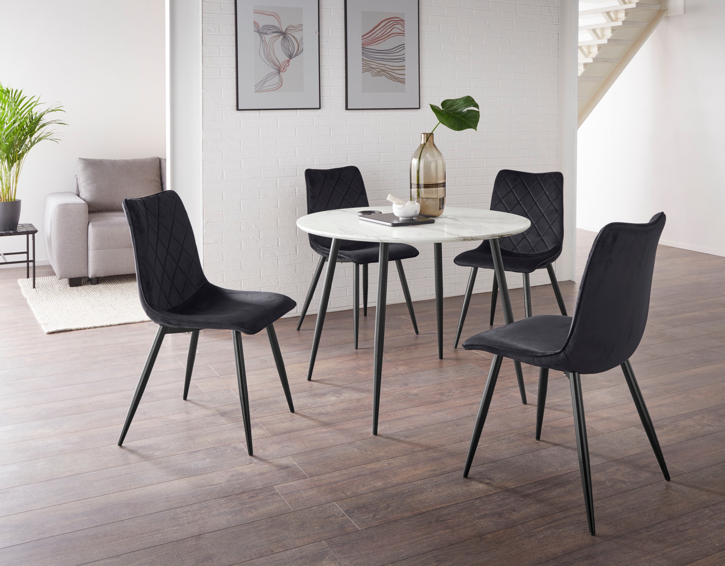 Image of Leonique Essgruppe »Dino/Belo«, (5 tlg.), Tisch rund Ø 100 cm, 4 Stühle mit Bezug in Samtstoff, schwarzes Metallgestell bei Ackermann Versand Schweiz