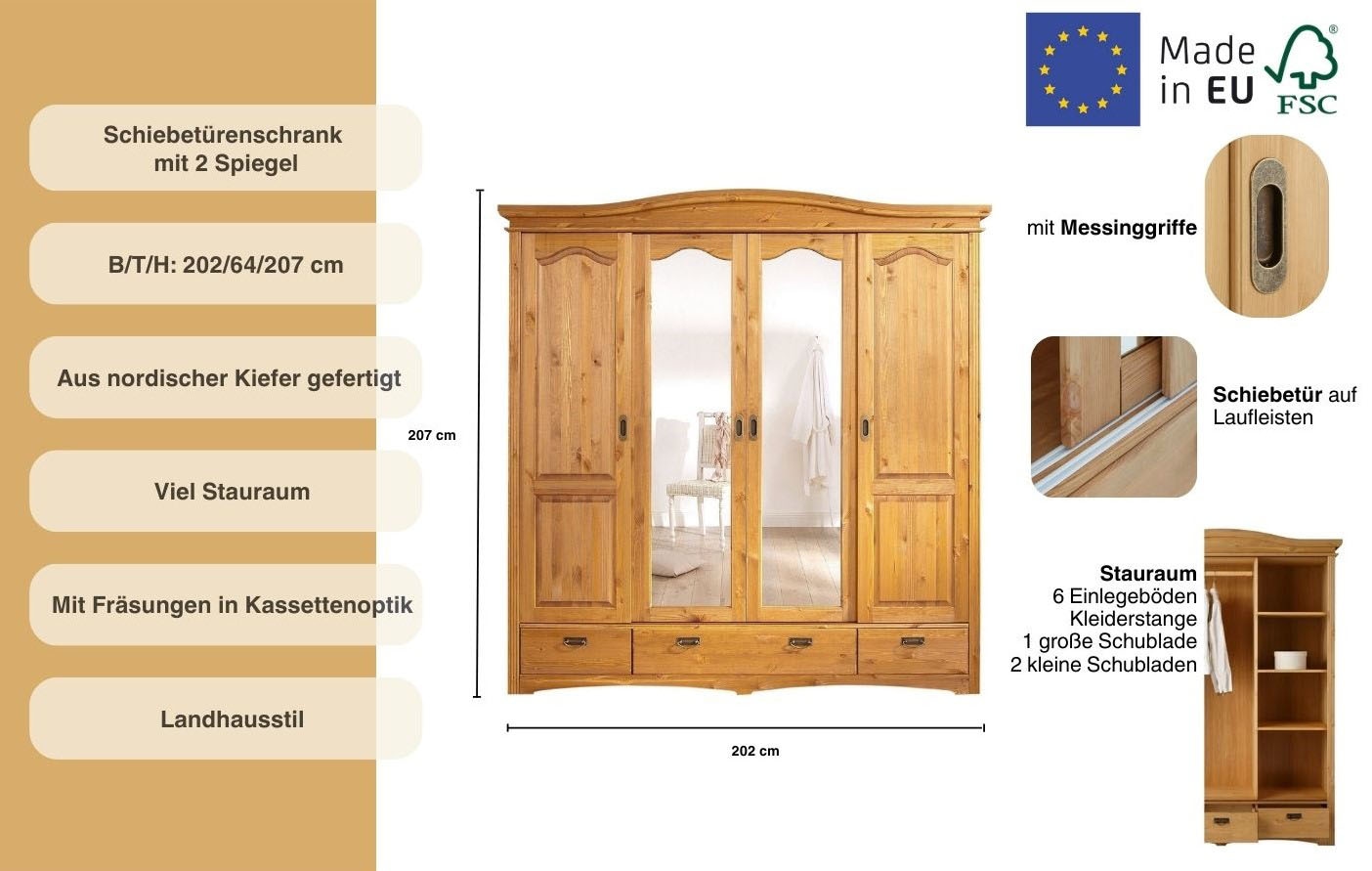 GOODproduct Schiebetürenschrank »Konrad, Landhausstil, rustikal, mit Schubladen + Spiegel, Kassetten« massive Kiefer, FSC®-zertifiziert, Messinggriffe