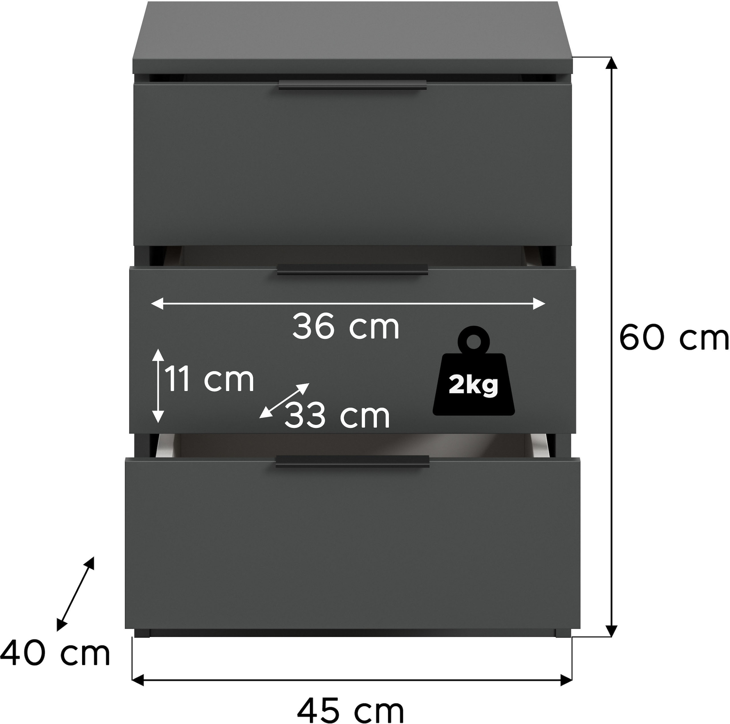 Home affaire Table de nuit »Skarde Nachttisch Beistelltisch Kommode, Breite: 45 cm« 1 cuis tlg. Skarde, Nachtkommode, 3 Schubkästen, anthrazit