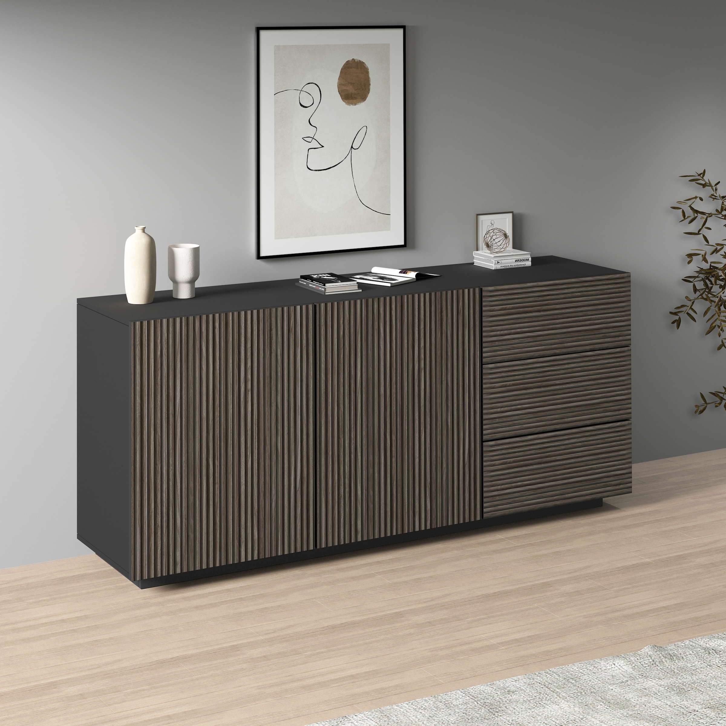 Image of Home affaire Sideboard "Vega Sideboard,Kommode,180 cm" mit 2 Türen und 3 Schubladen,Fronten mit Rillen-Optik