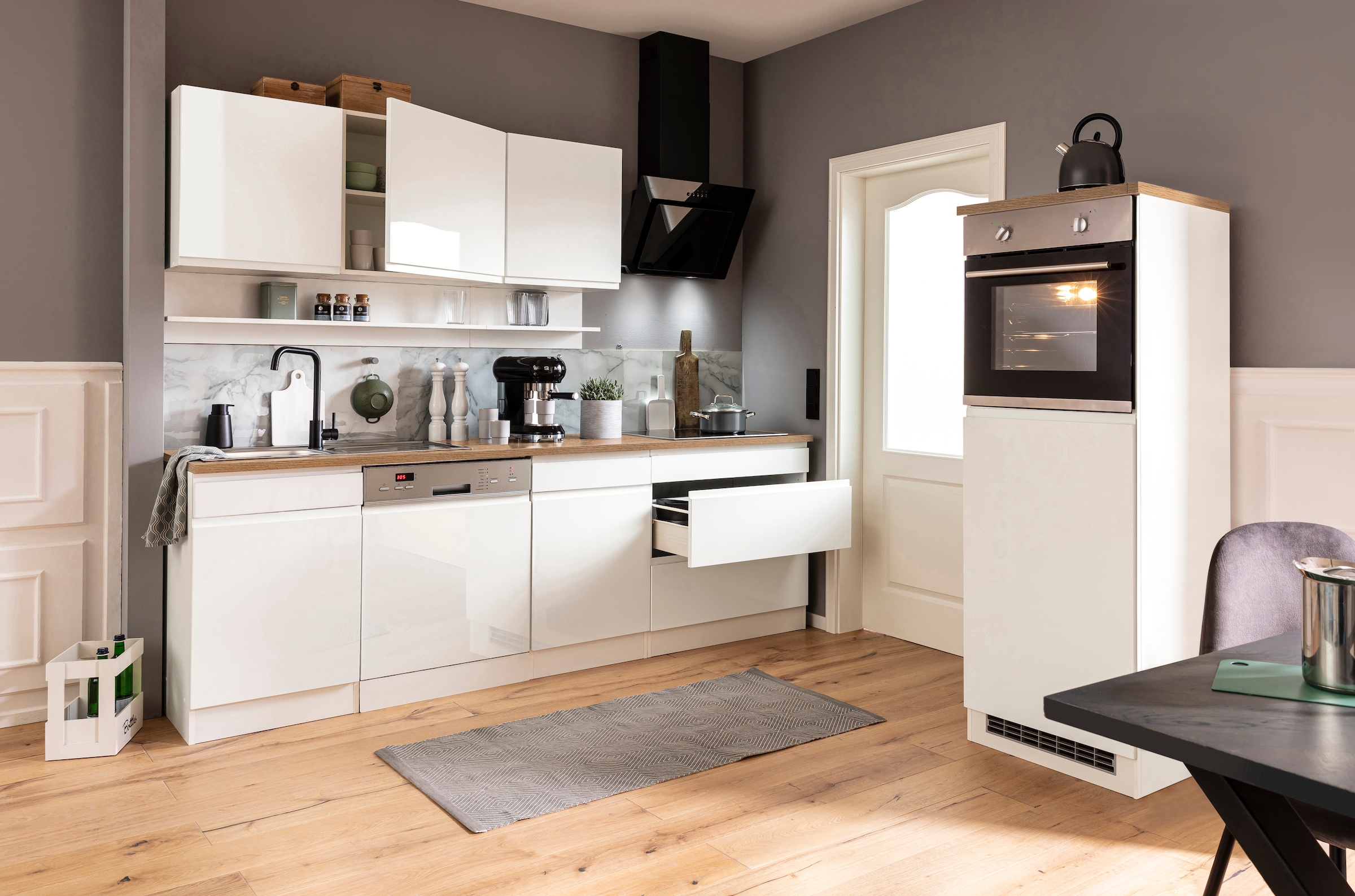 KOCHSTATION Küchenzeile »KS-Virginia,neu in verbesserter Ausführung« Arbeitsplatte 38 mm stark, Stauraum, Softclose,  Breite 300 cm, Soft-Close, ohne E-Geräte