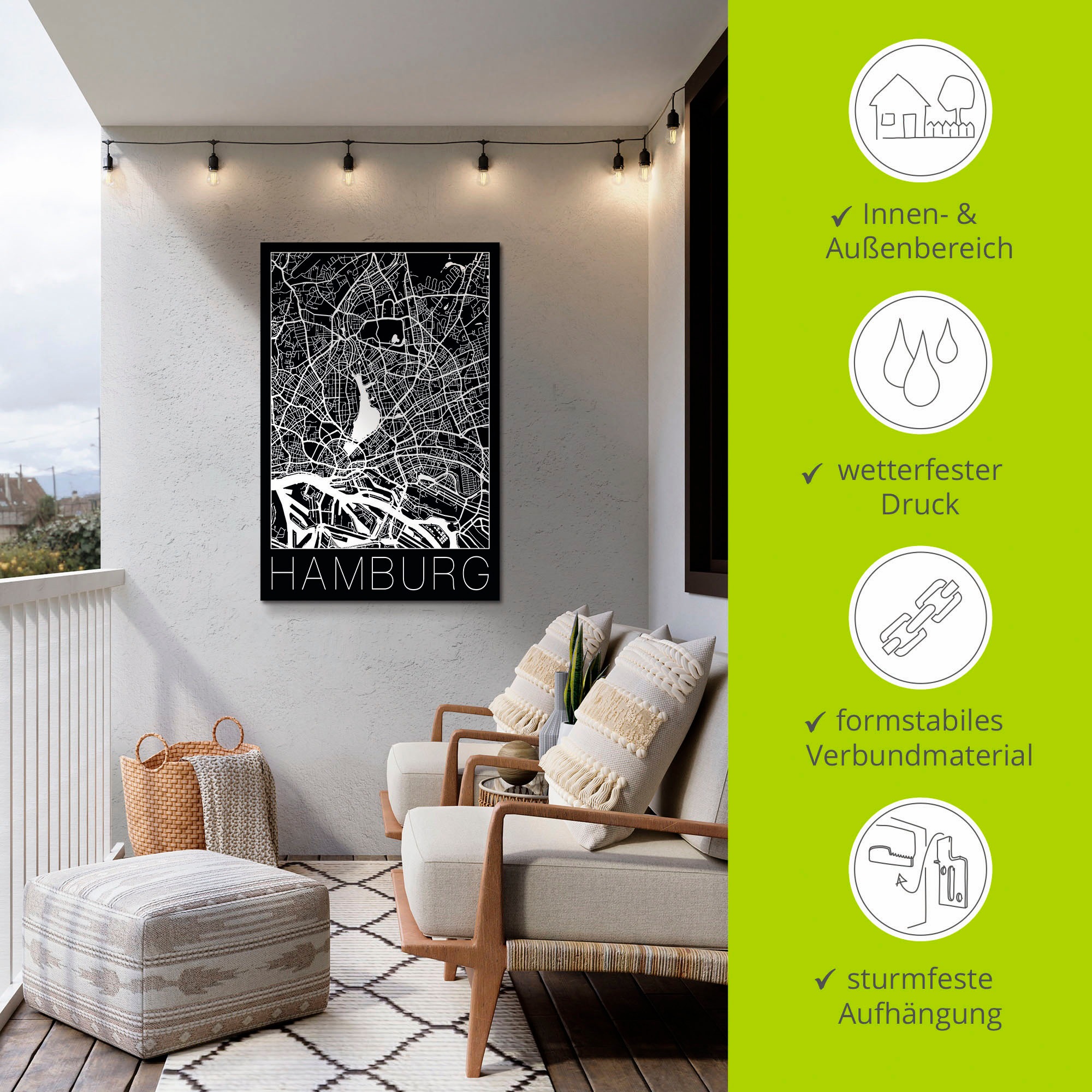 Artland Fresque murale »Retro Karte Hamburg Deutschland Schwarz« 1 cuis tlg. als Alubild, Poster in verschied. Grössen