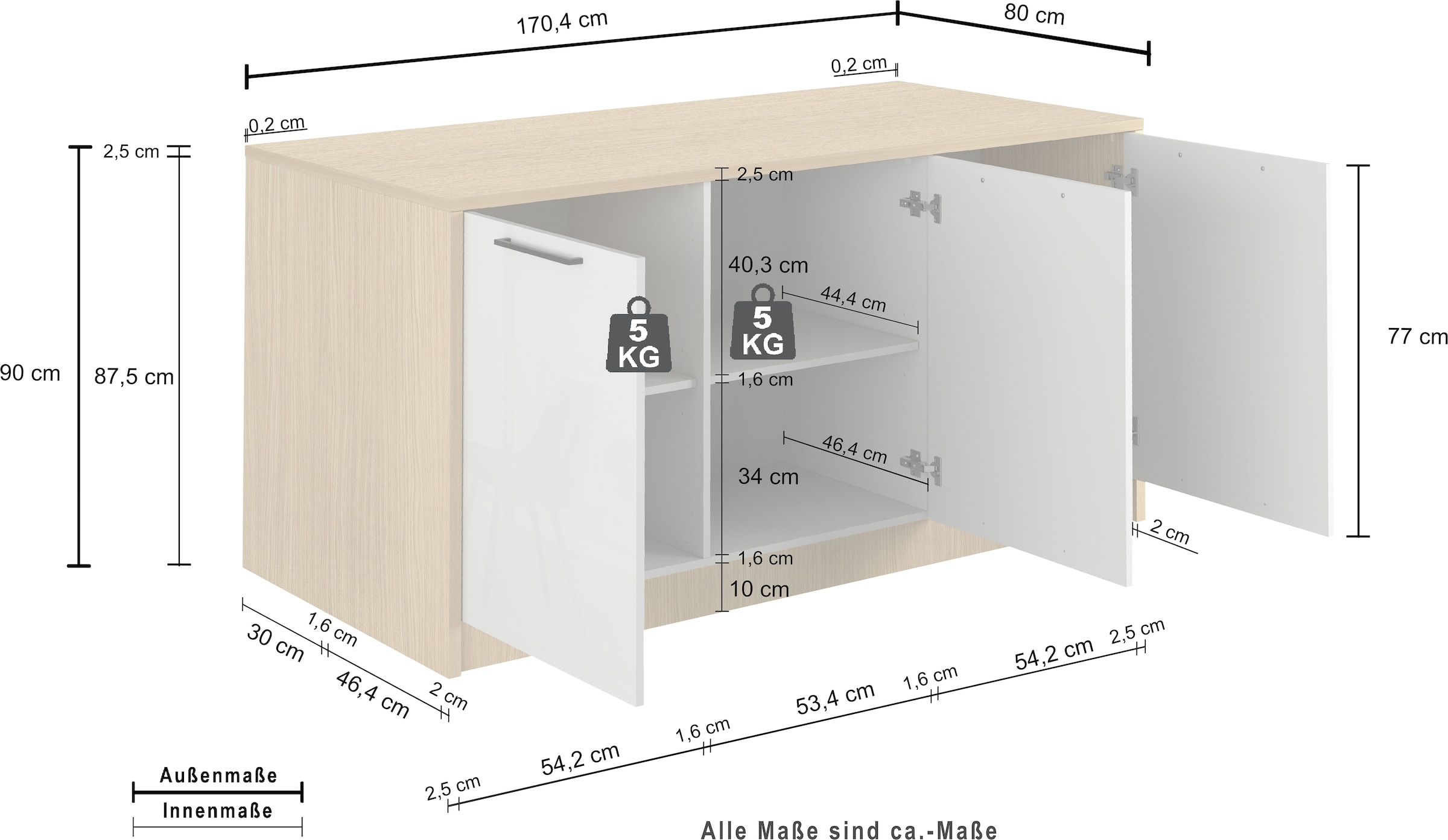 KOCHSTATION Ilot de cuisine »KS-Luna« Largeur 170 cm, 3 portes, 6 compartiments intérieurs, 3 places à manger, portes amorties
