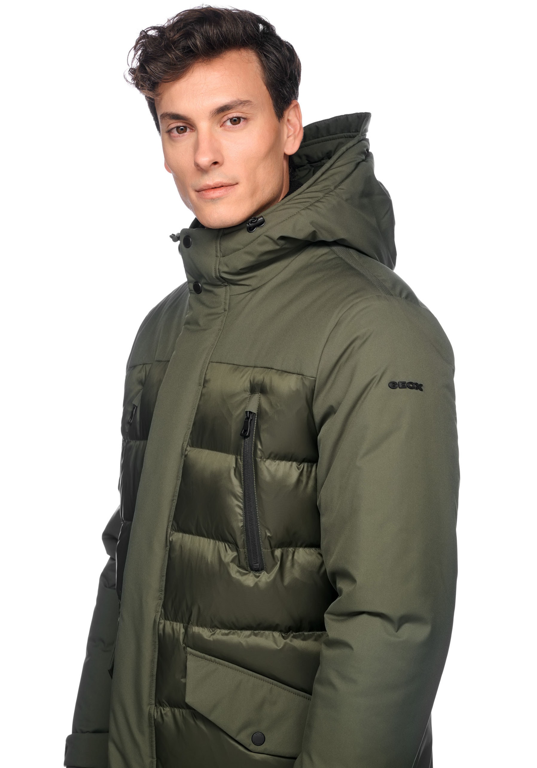 Geox Langjacke »SAPIENZA«, mit Kapuze, im Materialmix, 4 Taschen, Kapuze, verdeckter Reissverschluss