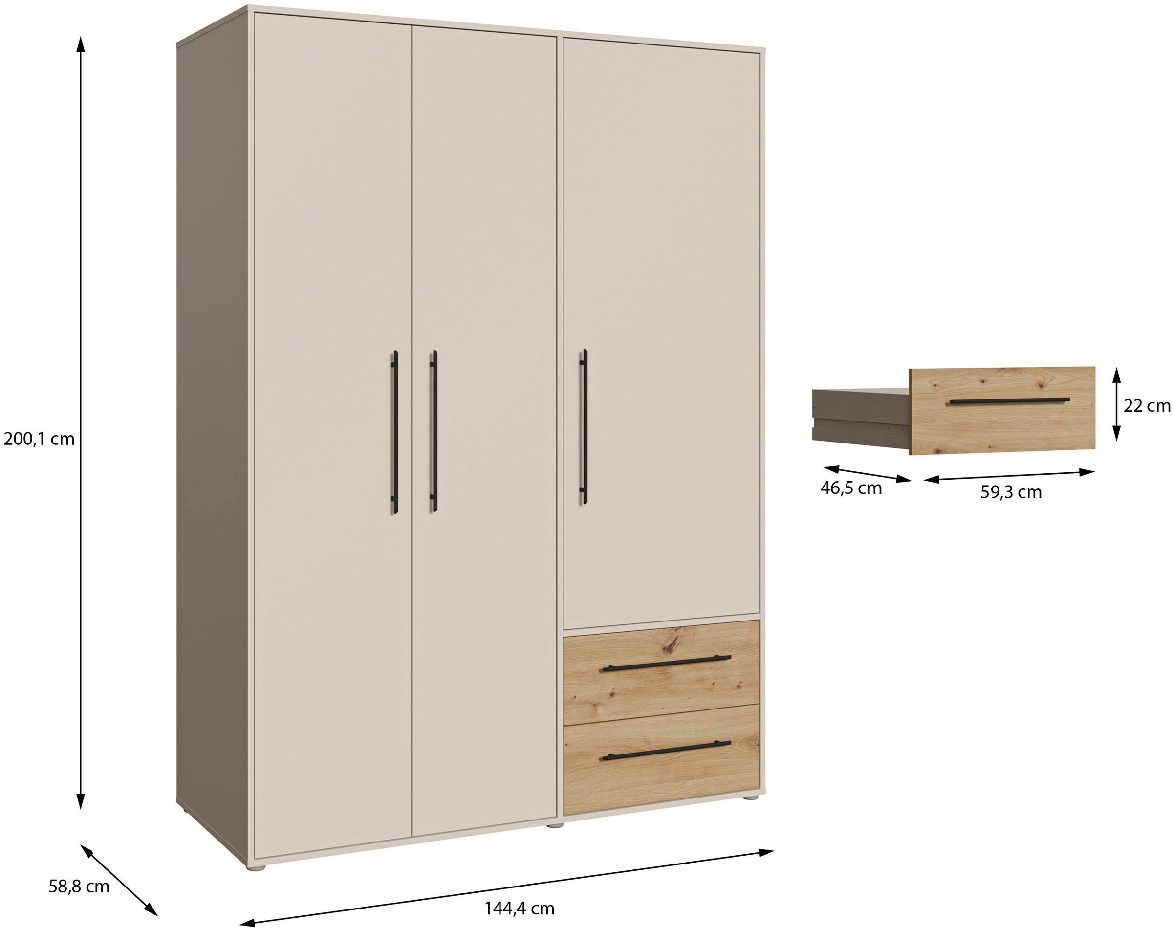 FORTE Kleiderschrank »Mokkaris , Garderobe, zeitloses Design, 3 Türen, Made in Europe« B/H/T ca. 144x200x59cm,  Zwei Schubladen, schwarze Stangengriffe, Stauraum, auch in Schwarz