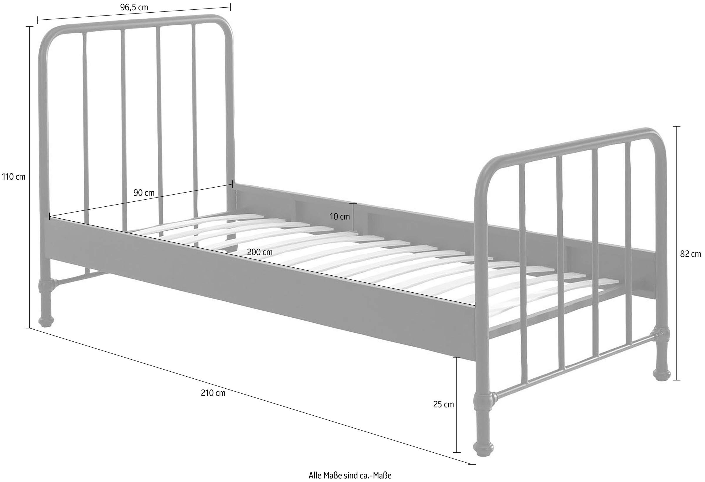 Vipack Lit pour adolescents »Bronxx, Einzelbett 90/200, sehr stabil, romantische Optik« L/H/P env. 96,5x110x206 cm, avec sommier à lattes, dégagement au sol,  Surface revêtue par poudre, plusieurs couleurs au choix