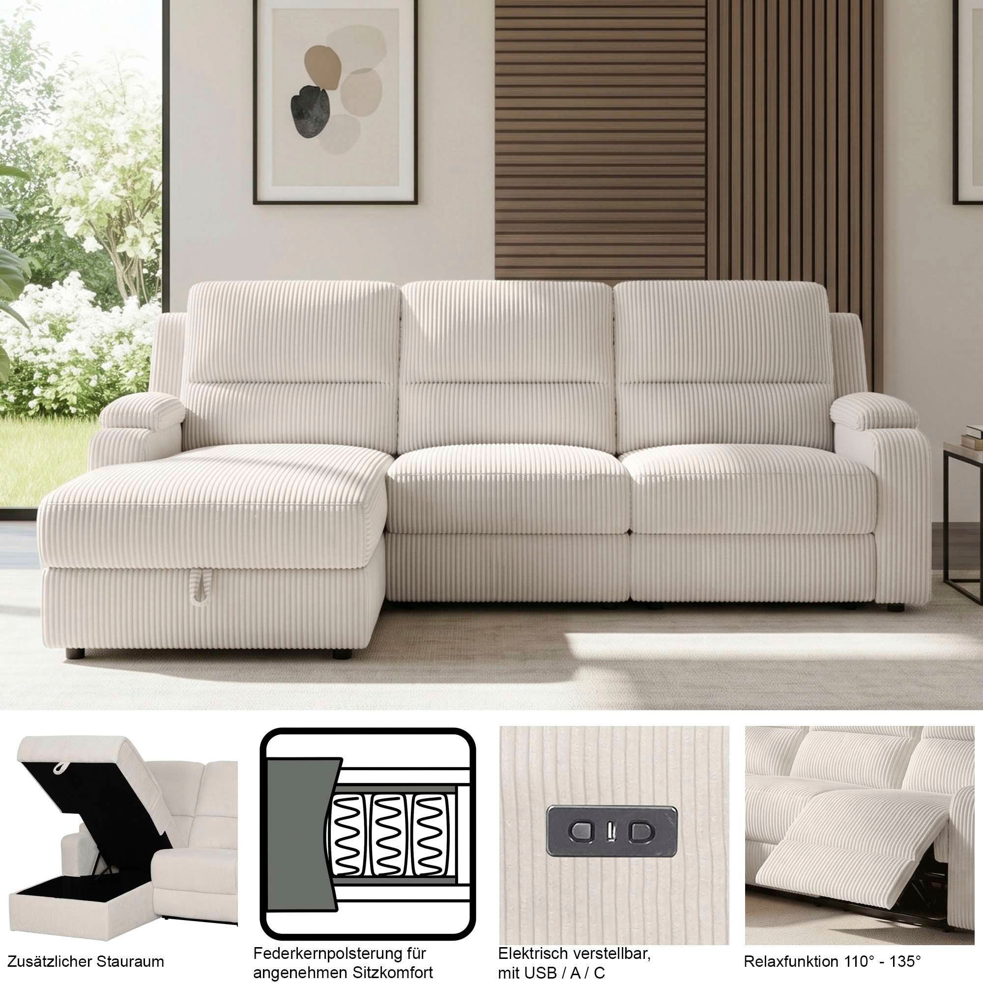 GOODproduct Ecksofa »NAPORI Microfaser, Multimediasofa, L-Form« man. oder elektr. Relaxfuntion, USB-A bei elektr. Variante, Staukasten