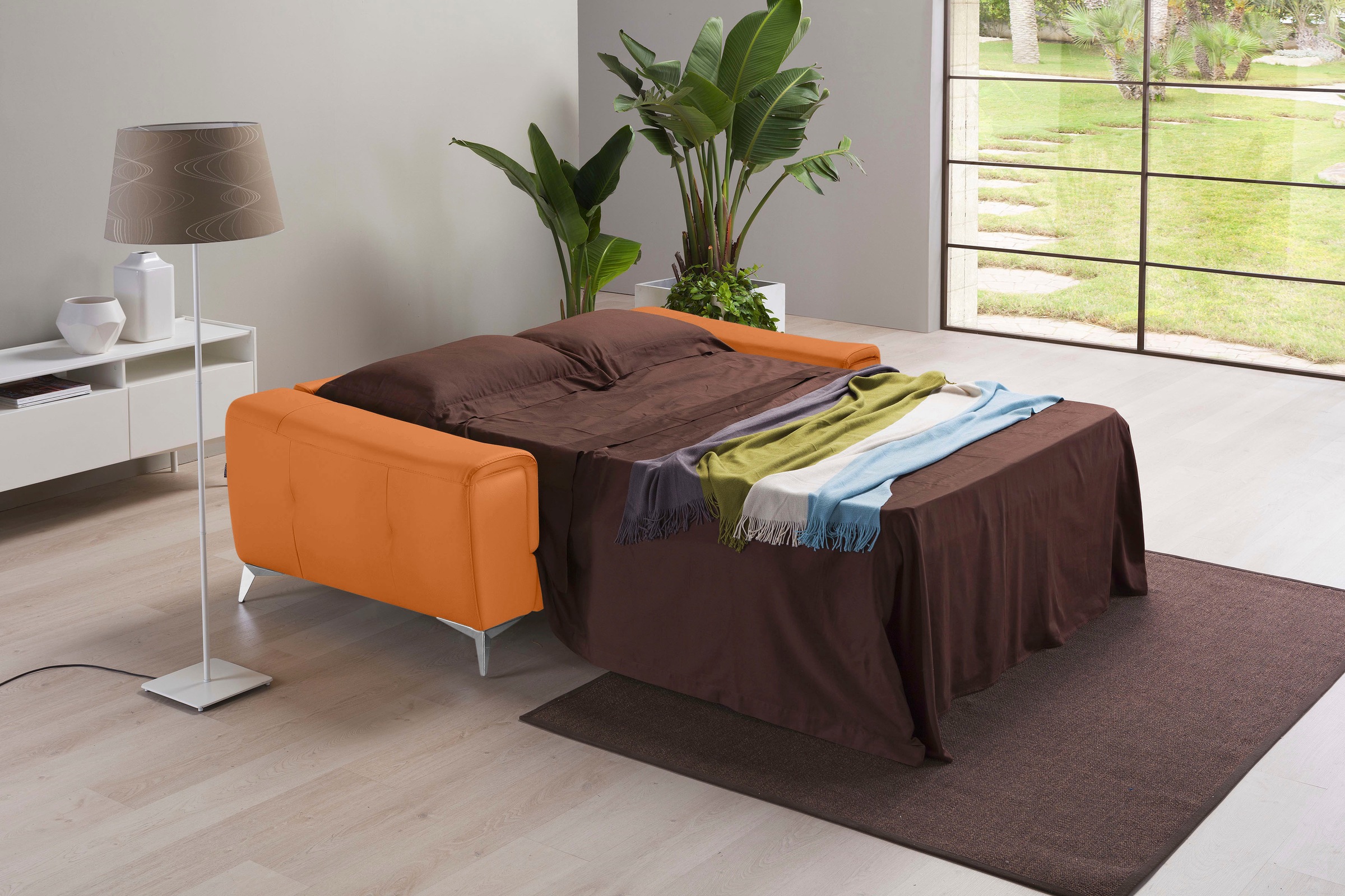 Egoitaliano Schlafsofa »Francine Designsofa, Loungesofa mit Dauerschlaffunktion, Breite 233 cm«, mit Bettfunktion, Leder BULL, orange, Fussfarbe chrom