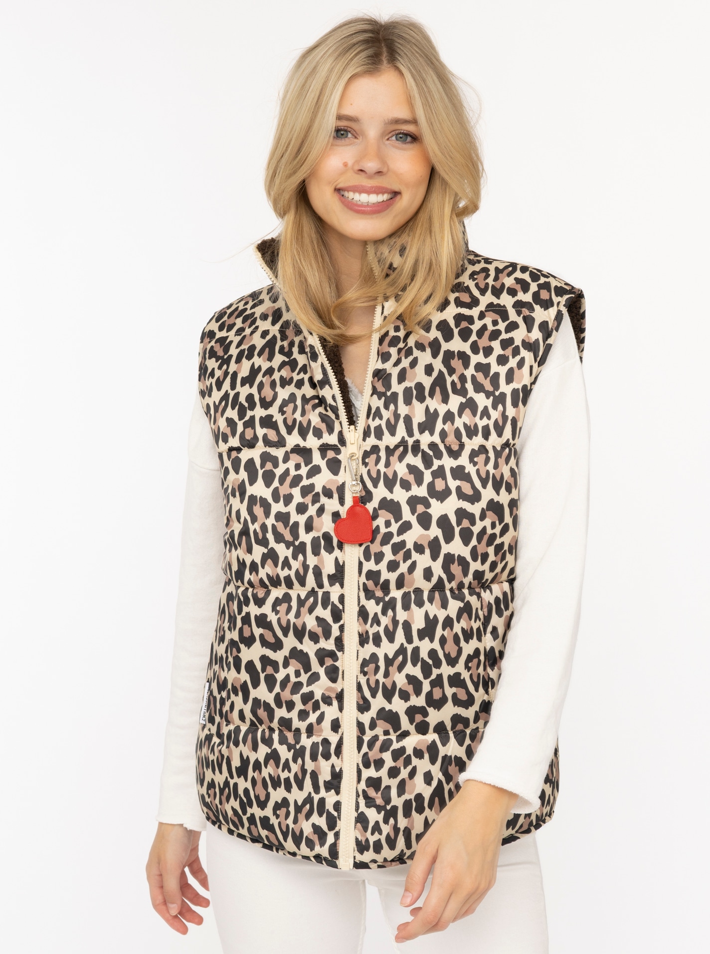 Zwillingsherz Gilet réversible »"Leo Teddy"« réversible, avec fermeture éclair, pendentif cœur, motif léopard, poches latérales
