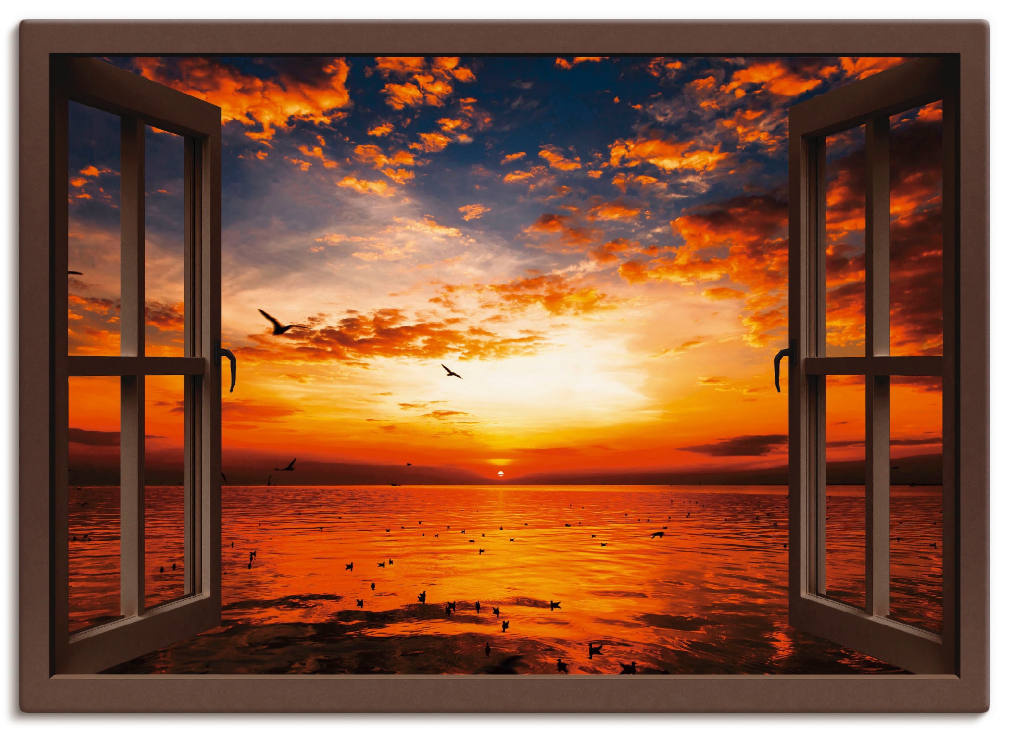 Image of Artland Leinwandbild "Fensterblick Sonnenuntergang am Strand" Fensterblick 1 Stk. tlg. auf Holzrahmen gespannt
